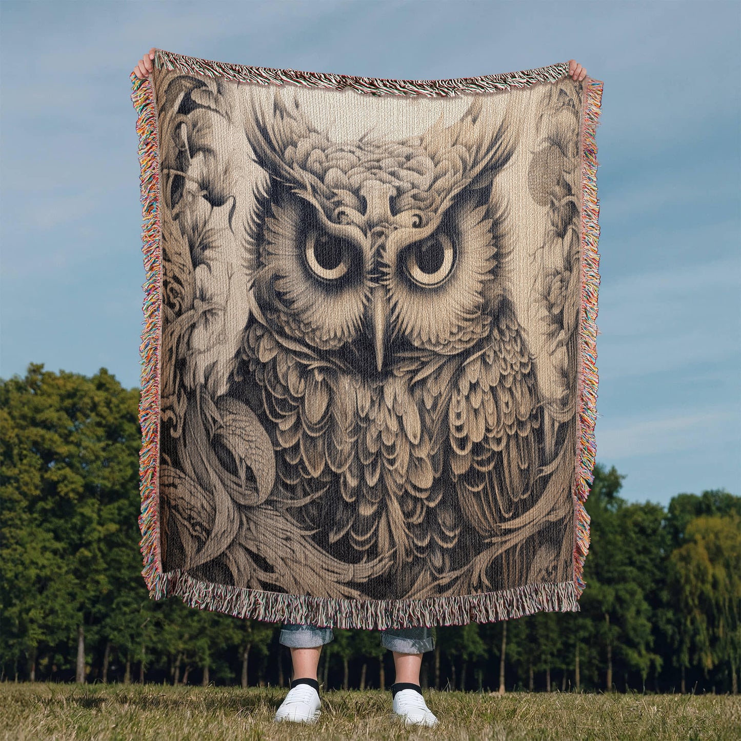 Mystical Owl Woven Blanket – Boho Wildlife Tapestry Throw | Intricate Nature-Inspired Decor