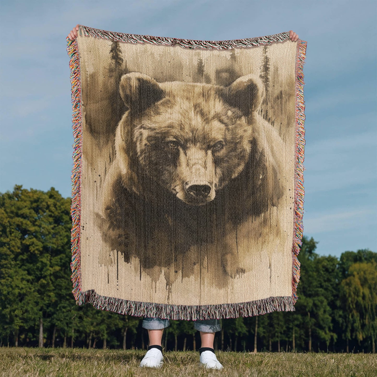 Forest Watcher Woven Blanket – Watercolor Bear in Woodland Mist