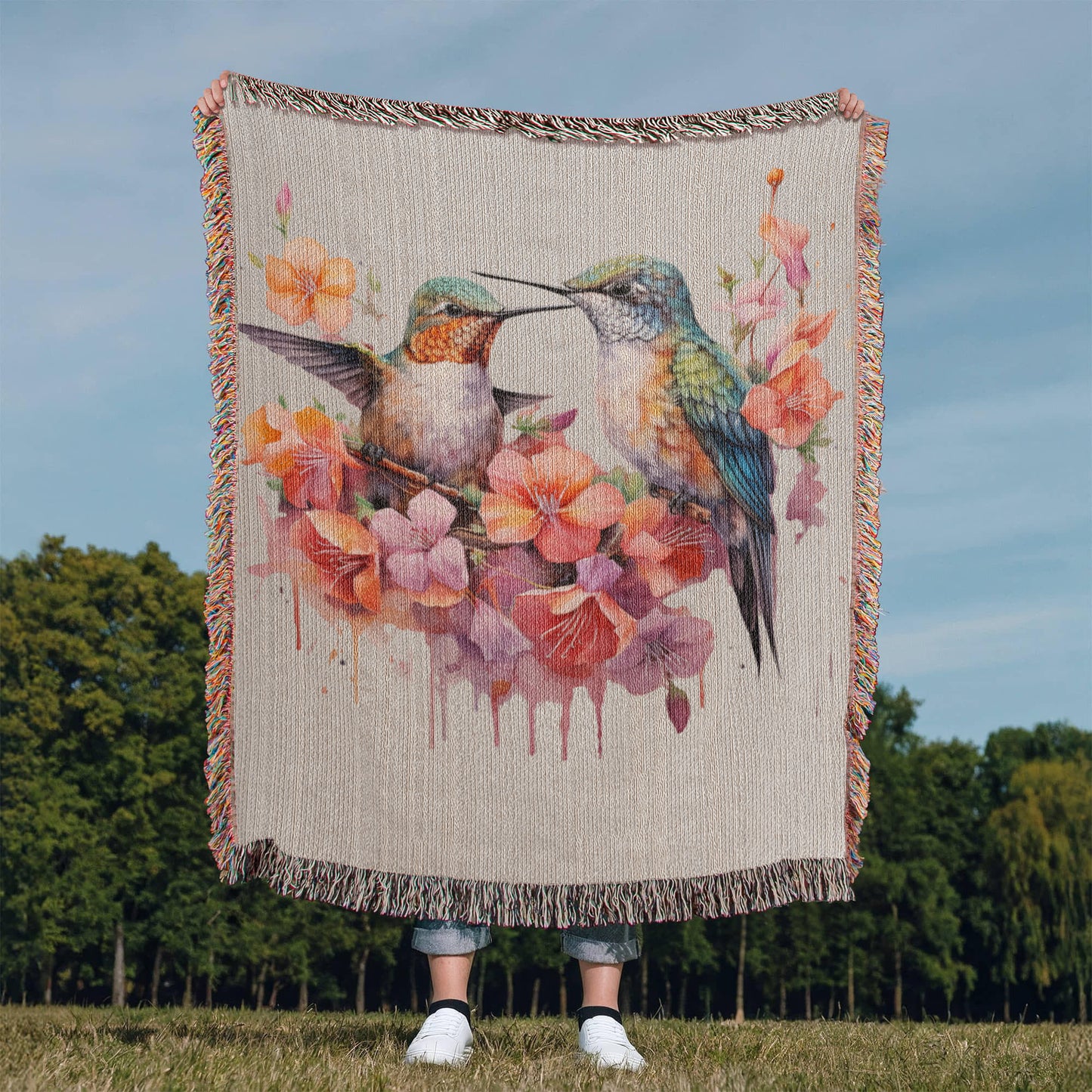 Skykiss Woven Blanket – Watercolor Hummingbirds in Bloom