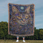 Celestial Cat Blanket – Mystical Beaded Design in Deep Indigo & Gold | Boho Spirit Animal Throw