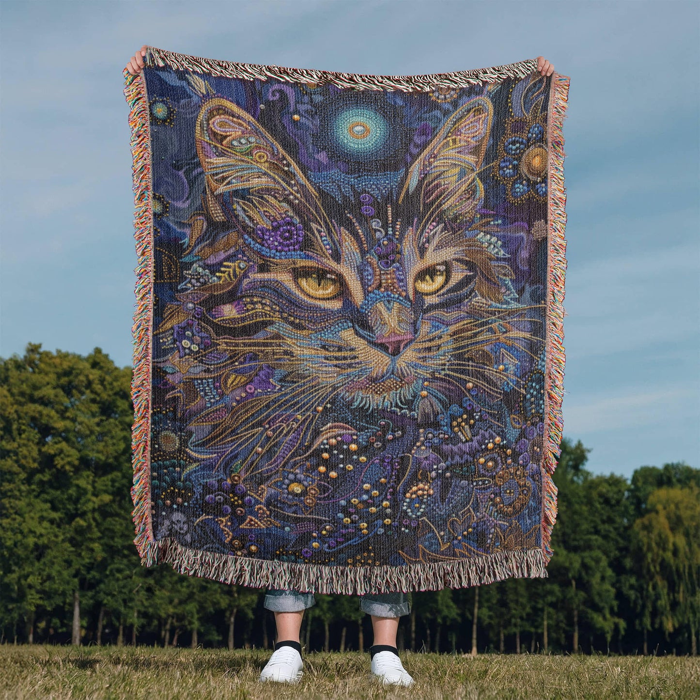 Celestial Cat Blanket – Mystical Beaded Design in Deep Indigo & Gold | Boho Spirit Animal Throw