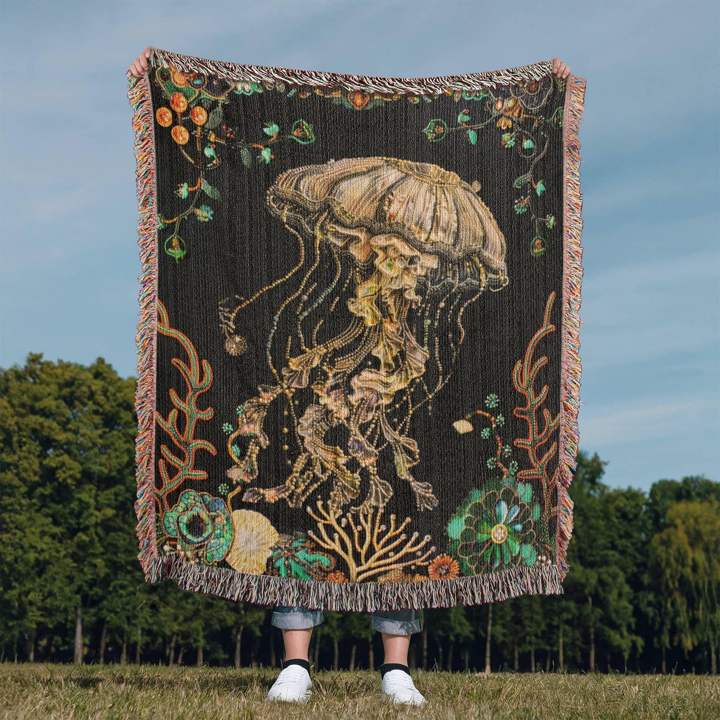 Beaded Look Jellyfish Blanket – Ocean-Inspired Woven Throw | Undersea Boho Decor by Lace & Grit