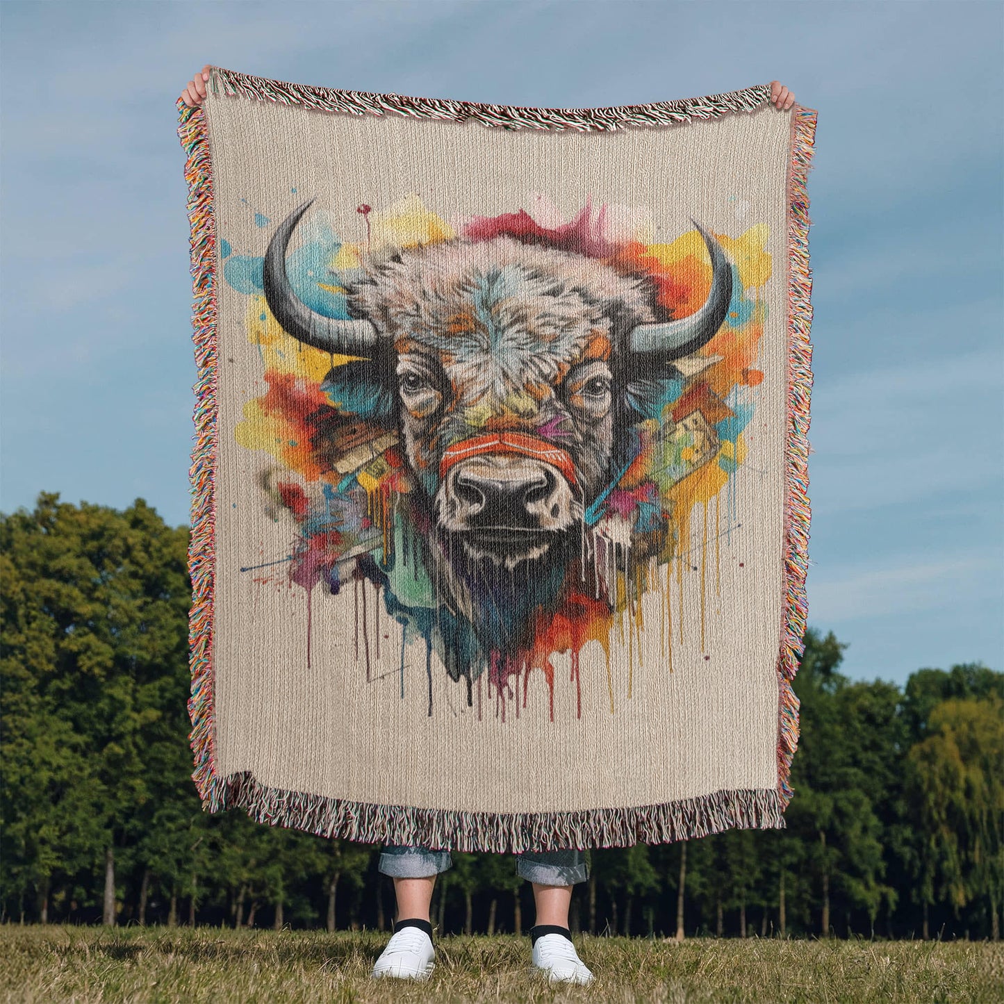 Headstrong Woven Blanket – Watercolor Bull Portrait