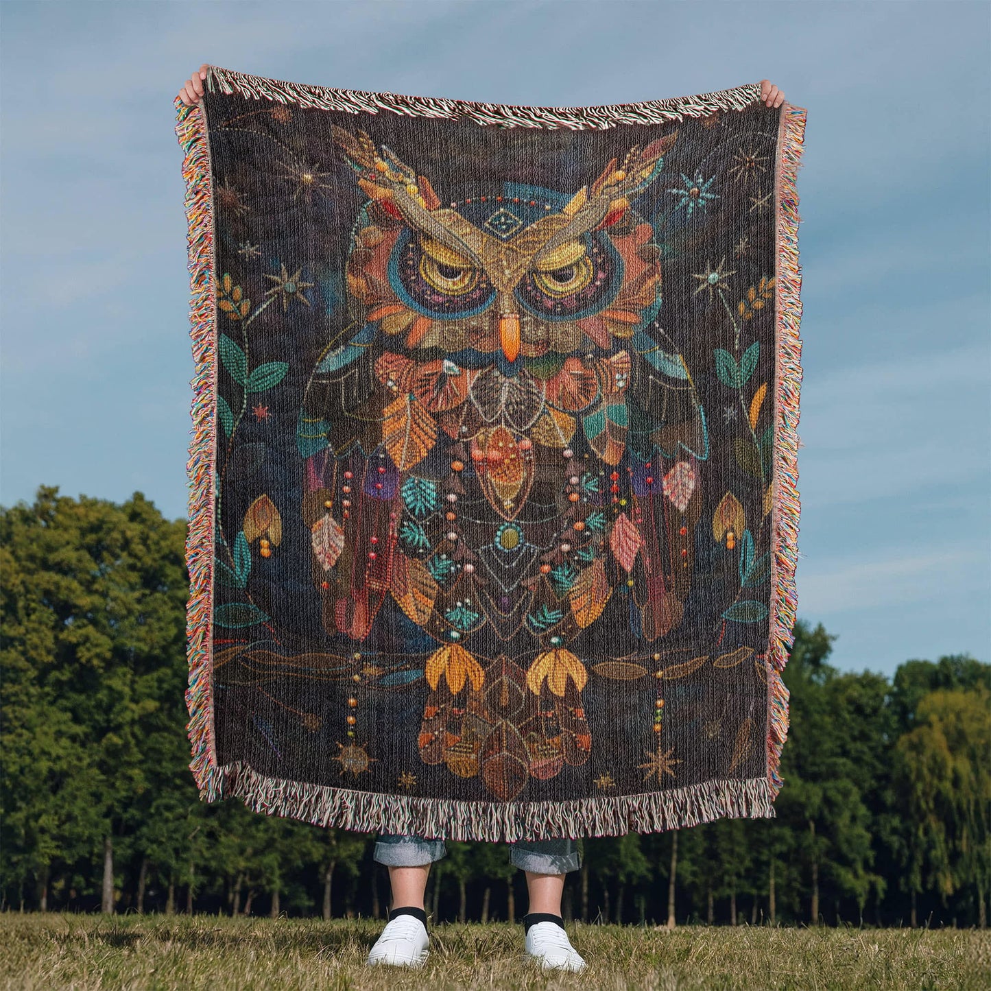 Boho Owl Woven Blanket – Beaded Look Design with Celestial Forest Accents
