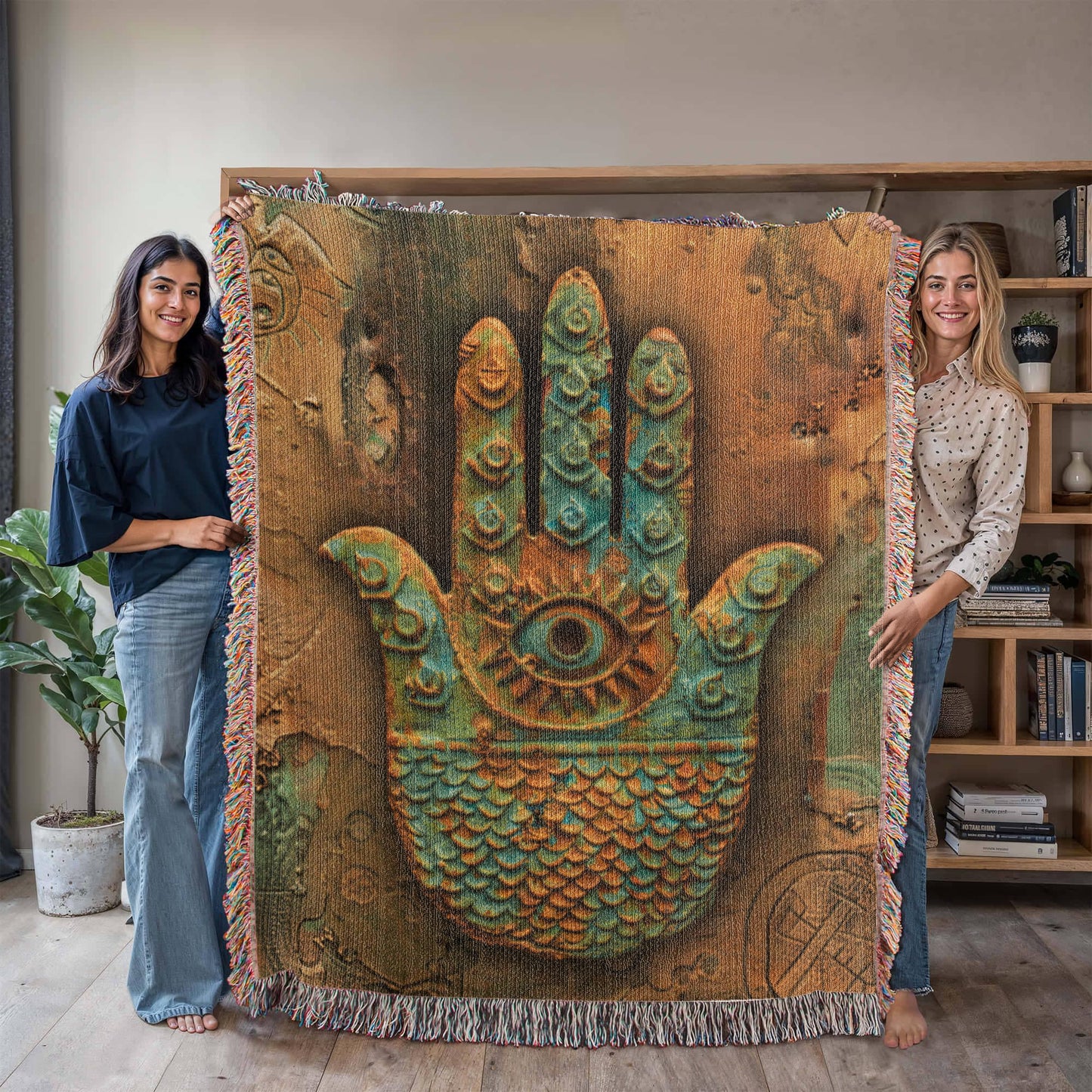 Embossed Hamsa Blanket – Boho Spiritual Woven Throw | Protective Symbol Decor by Lace & Grit