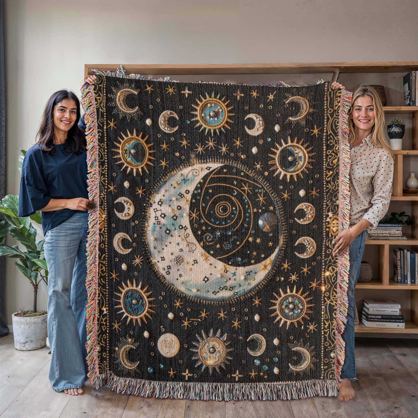 Beaded Look Moon & Stars Blanket – Celestial Woven Throw | Cosmic Boho Decor by Lace & Grit