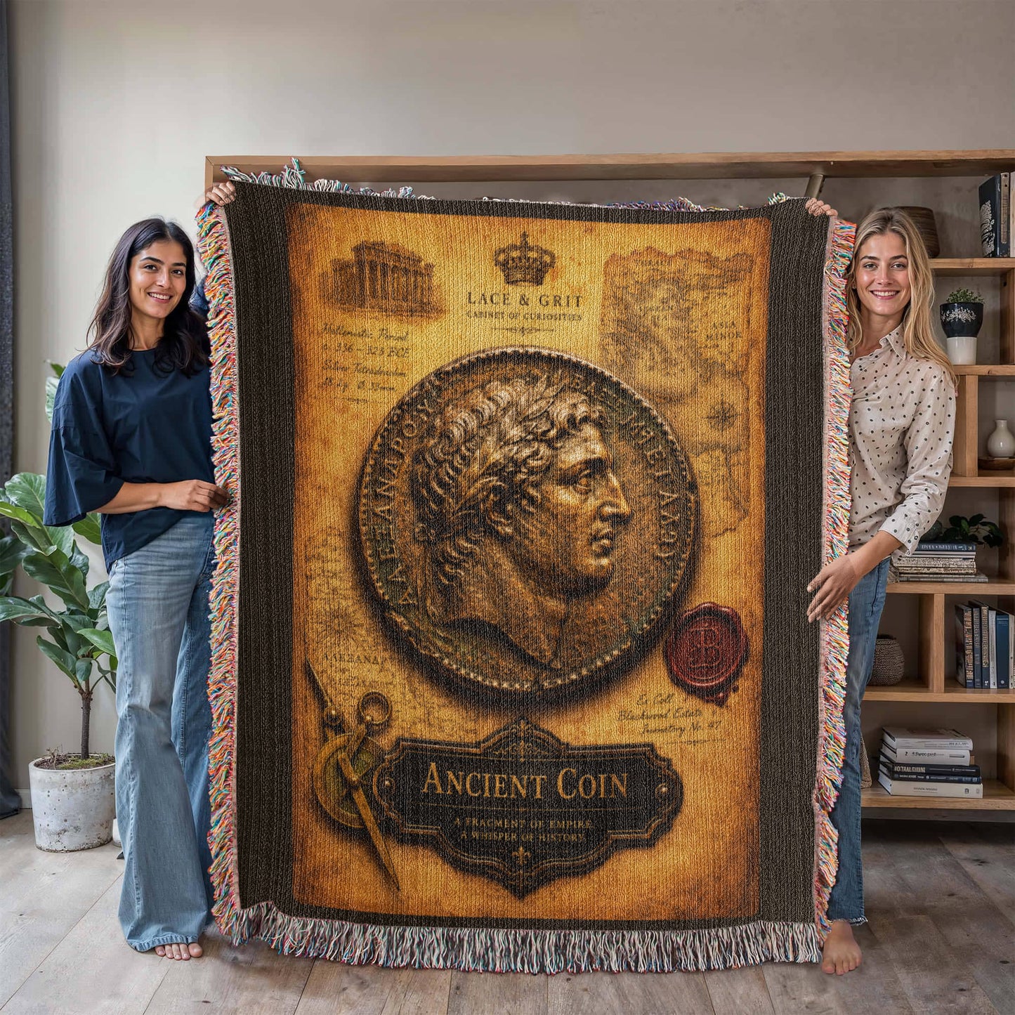 Ancient Coin Woven Throw Blanket | Cabinet of Curiosities Decor | Cotton Tapestry | Archaeology History Gift