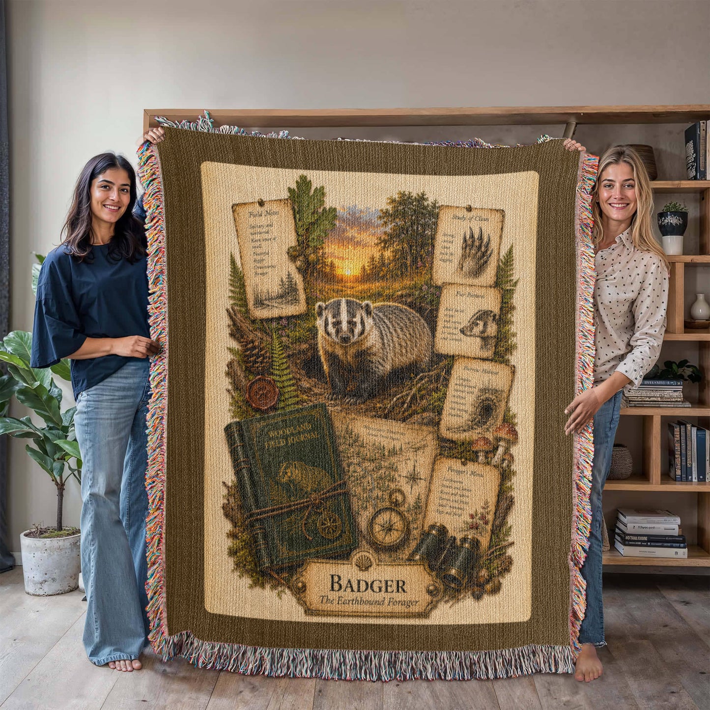 Badger Woven Throw Blanket | Woodland Animal Decor | Cotton Tapestry Throw | Naturalist Journal Gift