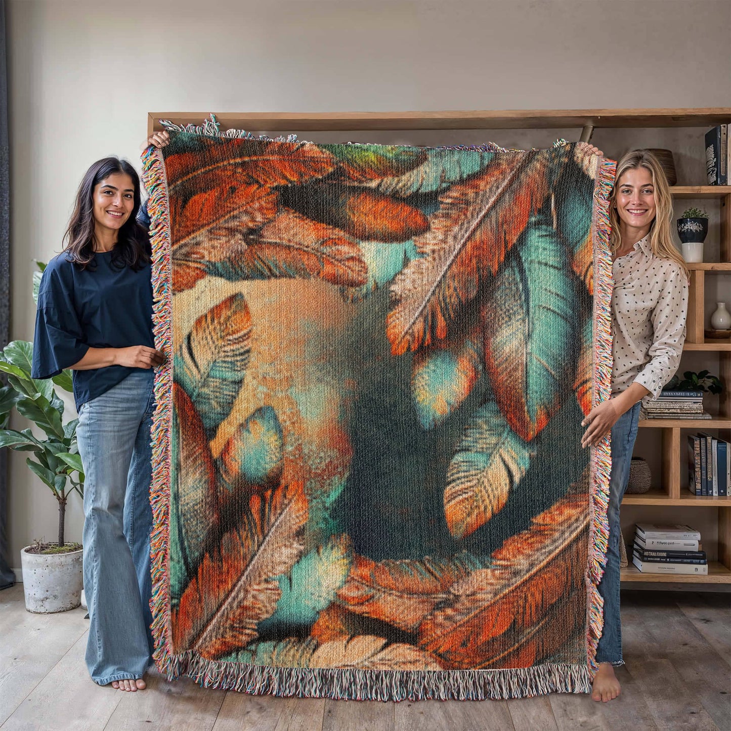 Embossed Feather Blanket – Boho-Inspired Woven Throw | Copper & Teal Artistic Decor by Lace & Grit