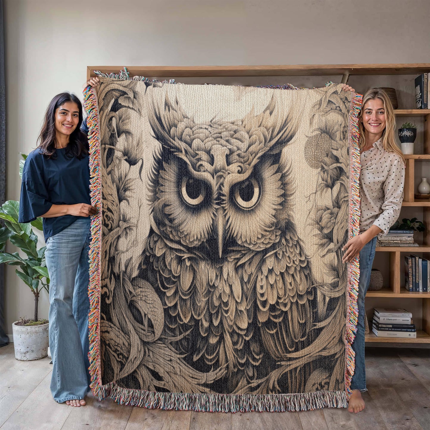 Mystical Owl Woven Blanket – Boho Wildlife Tapestry Throw | Intricate Nature-Inspired Decor