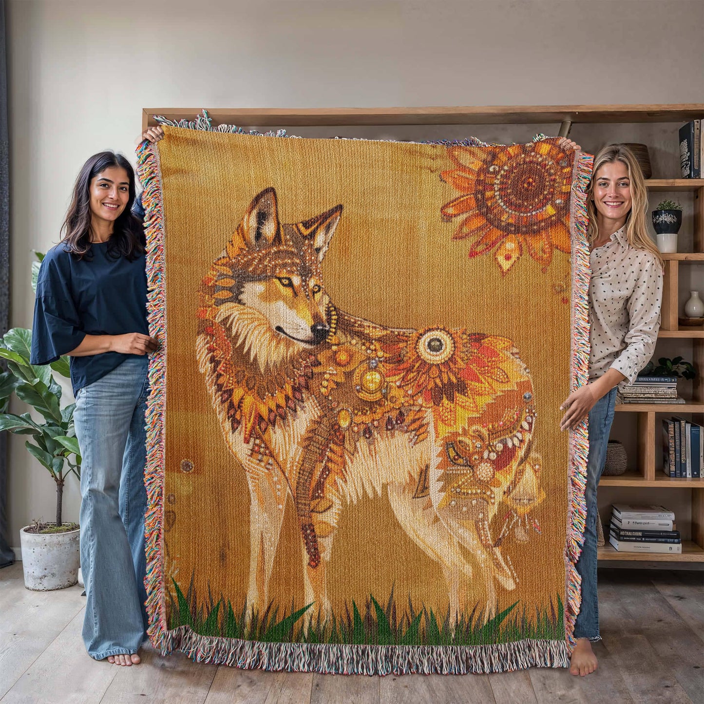 Beaded Look Spirit Wolf - Woven Throw Blanket