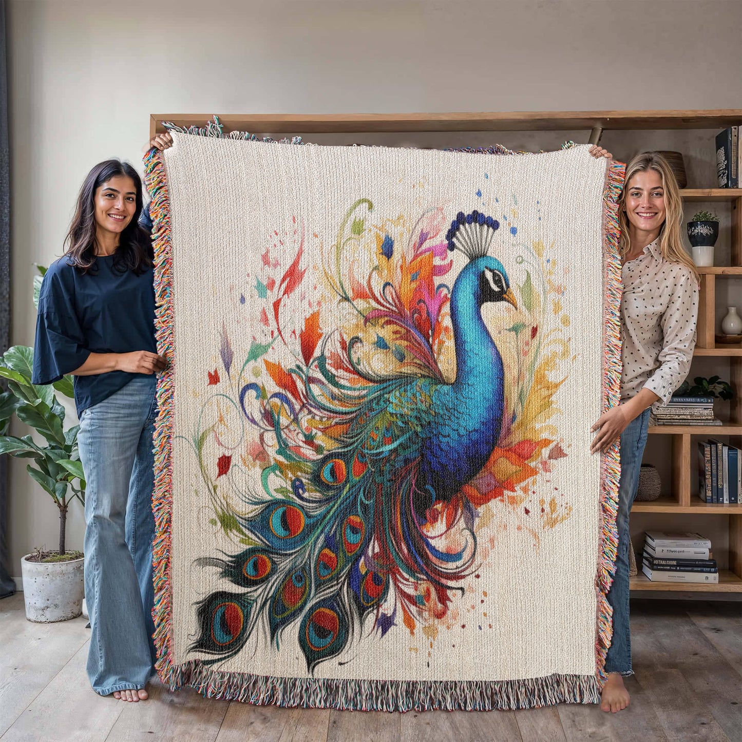 Plumefire Woven Blanket – Watercolor Peacock in Full Display