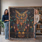 Boho Owl Woven Blanket – Beaded Look Design with Celestial Forest Accents