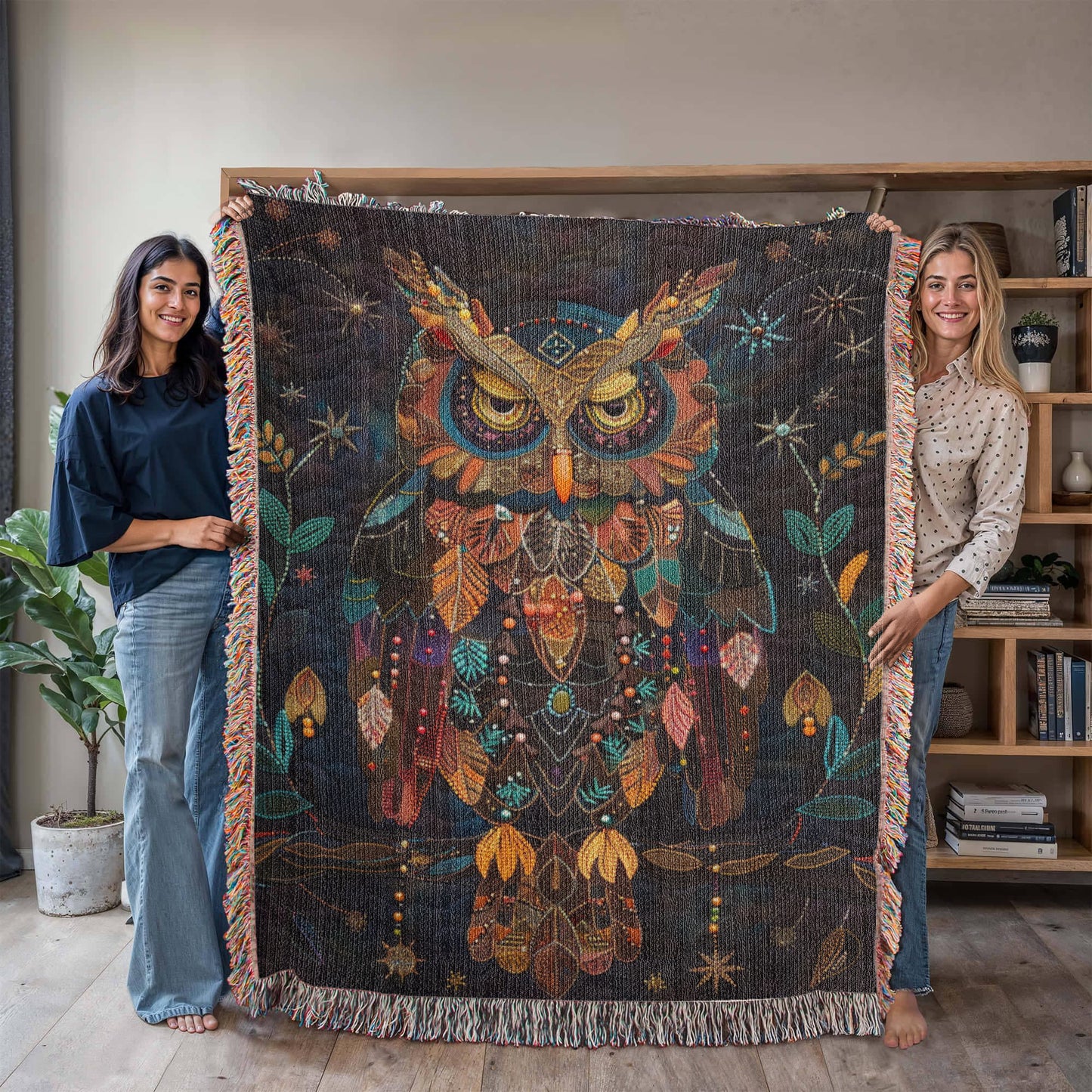 Boho Owl Woven Blanket – Beaded Look Design with Celestial Forest Accents