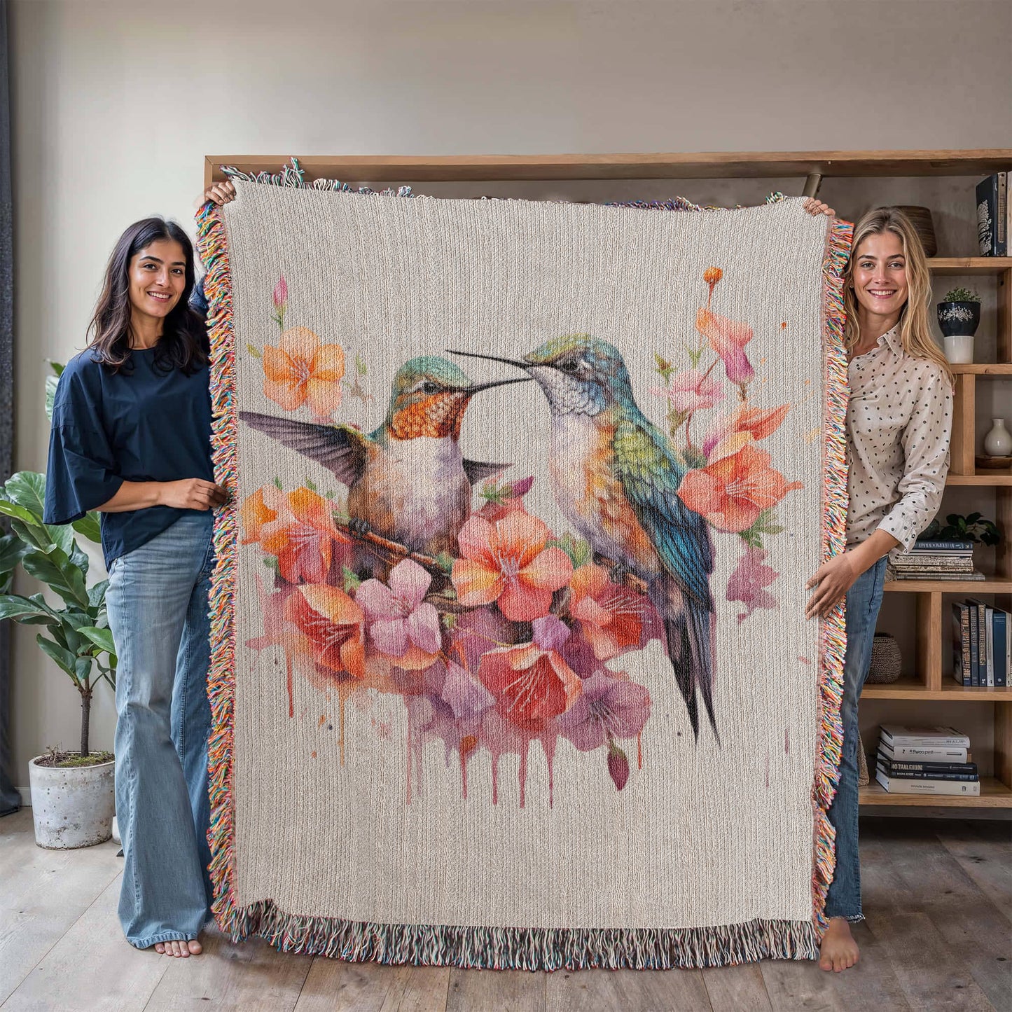 Skykiss Woven Blanket – Watercolor Hummingbirds in Bloom