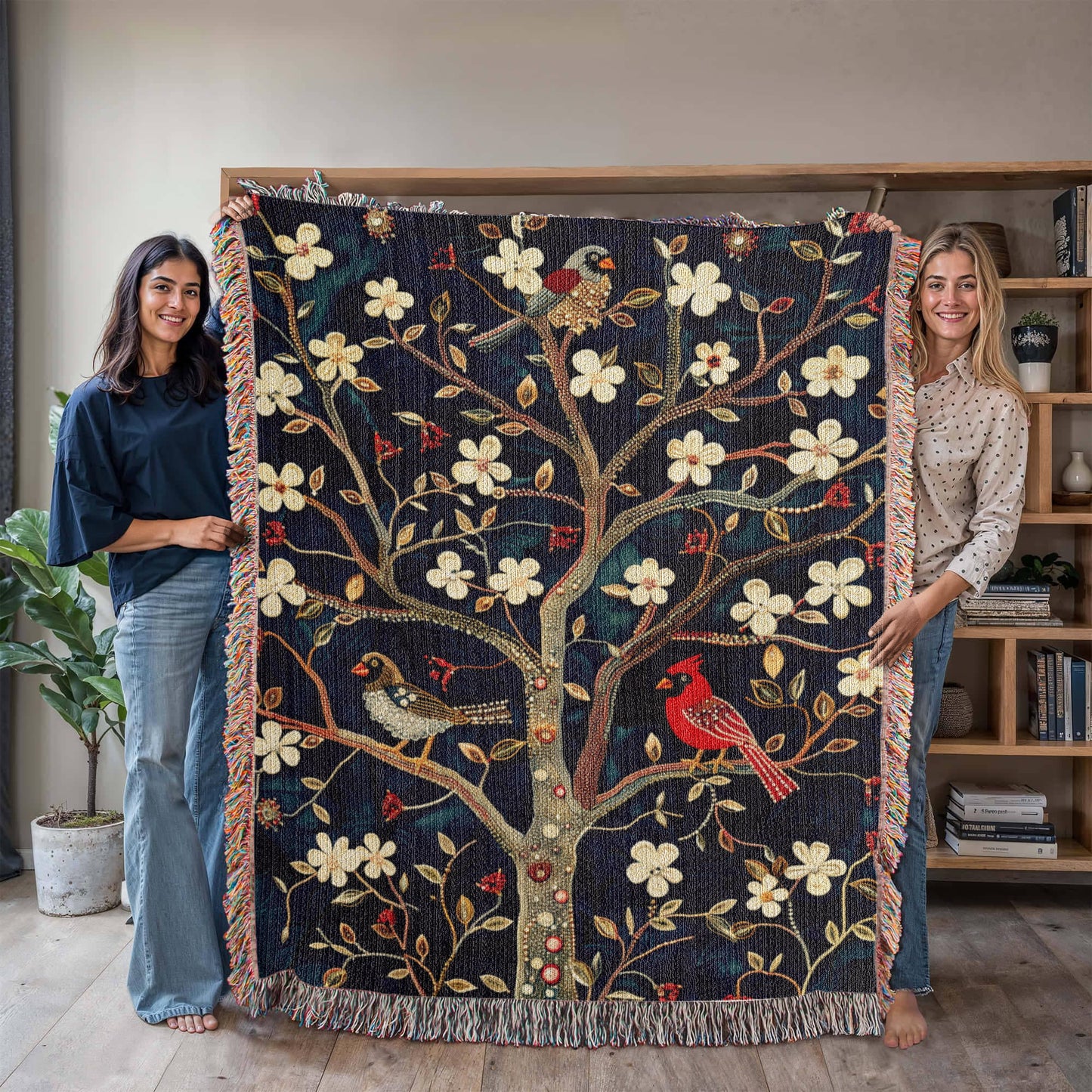 Blossom & Birds | Botanical Cardinal Woven Blanket for Cozy Boho Spaces