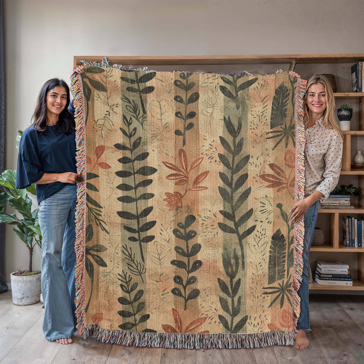 Whispering Leaves Woven Blanket – Boho Botanical Nature Throw
