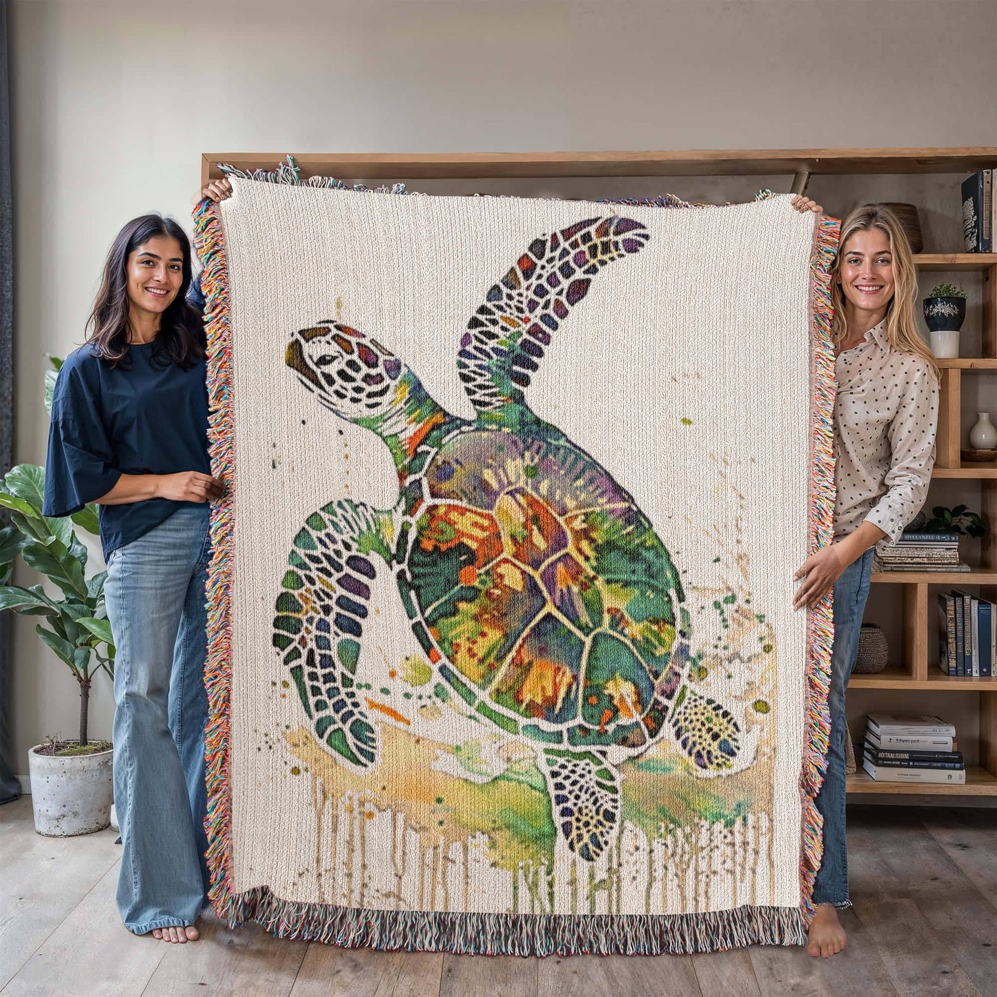 Coralwake Woven Blanket – Watercolor Sea Turtle in Motion