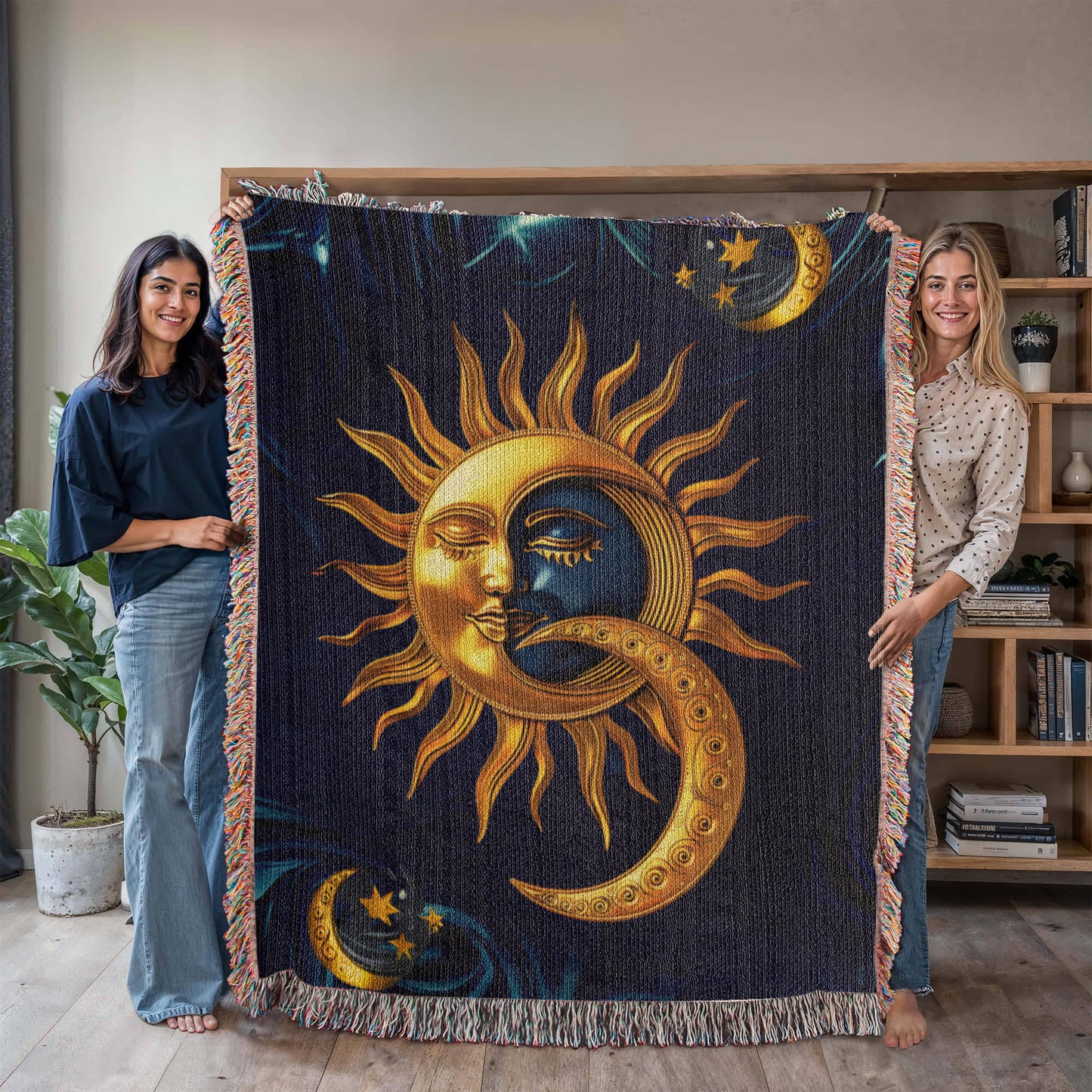 Embossed Sun & Moon Blanket – Celestial Woven Throw | Cosmic Boho Decor by Lace & Grit