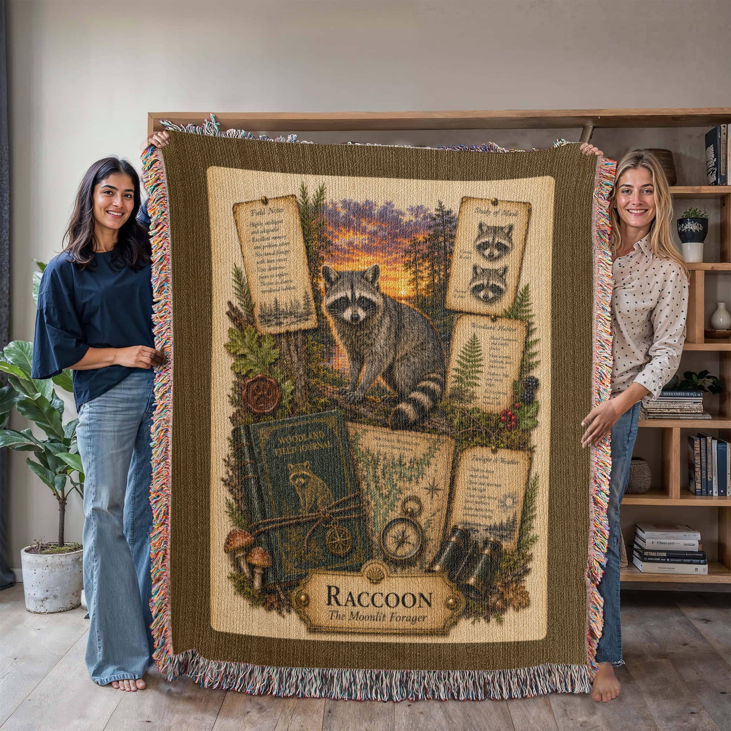 Raccoon Woven Throw Blanket | Woodland Animal Decor | Cotton Tapestry Throw | Naturalist Journal Gift