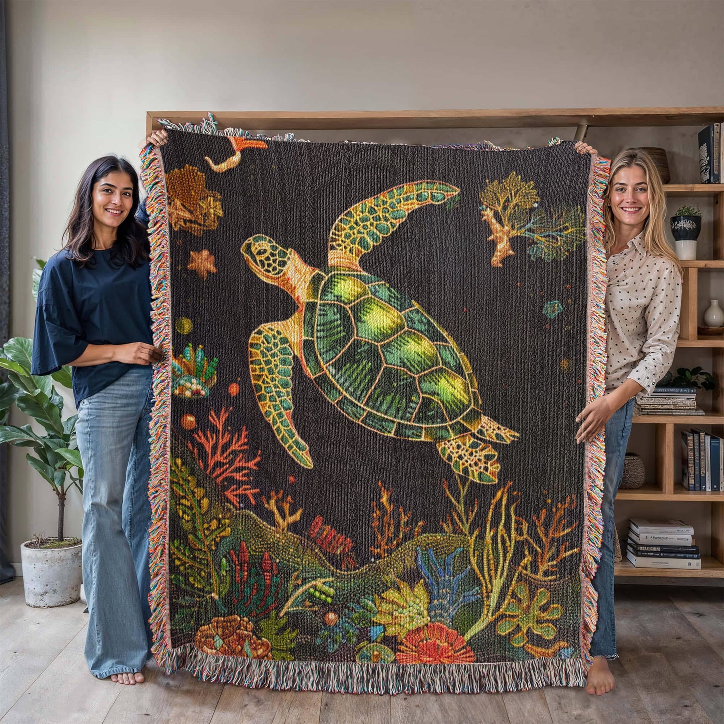 Beaded Look Sea Turtle Blanket – Ocean-Inspired Woven Throw | Coastal Boho Decor by Lace & Grit