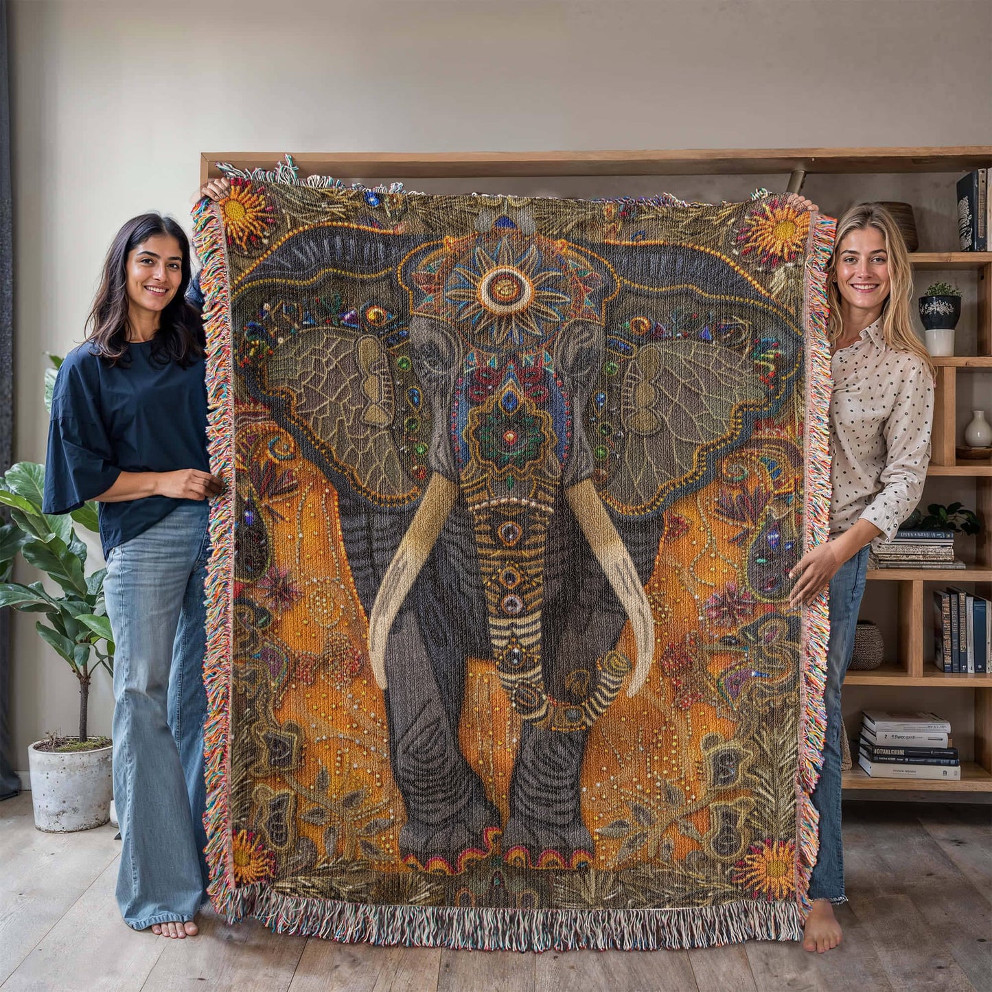 Boho Elephant Woven Blanket – Beaded-Inspired Tapestry with Tribal Floral Accents