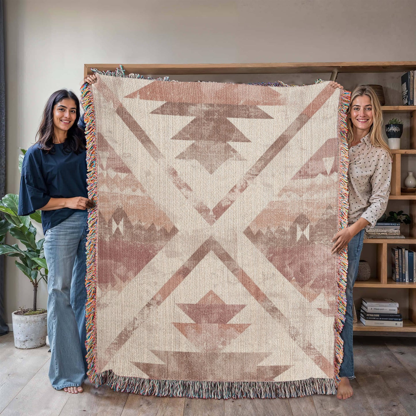 Desert Bloom Woven Blanket – Faded Blush Tribal Boho Throw