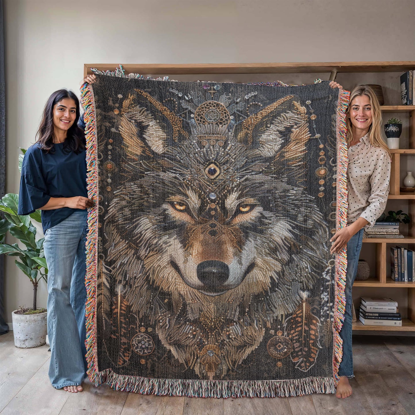 Boho Tribal Wolf Woven Blanket – Tribal Head Design in Earthy Tones | Mystical Boho Lodge Decor