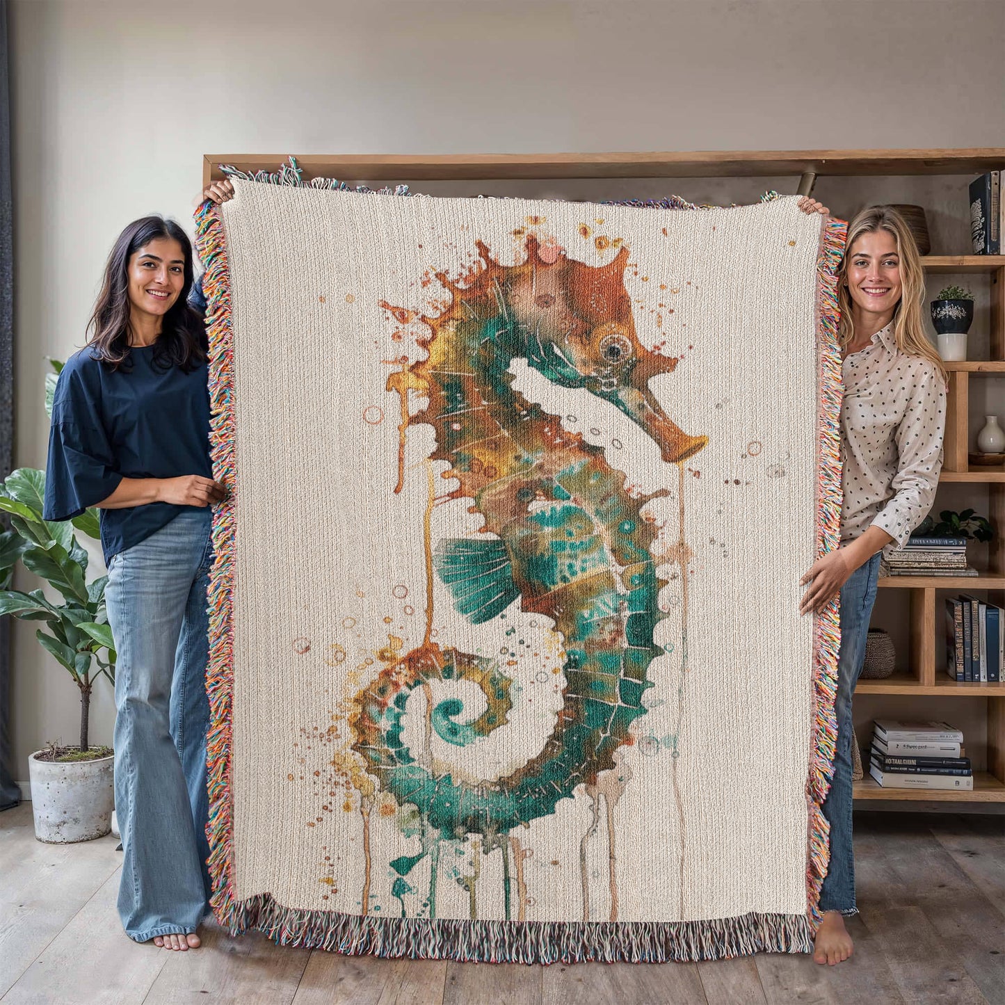 Cindertide Woven Blanket – Watercolor Seahorse with Drip Effect