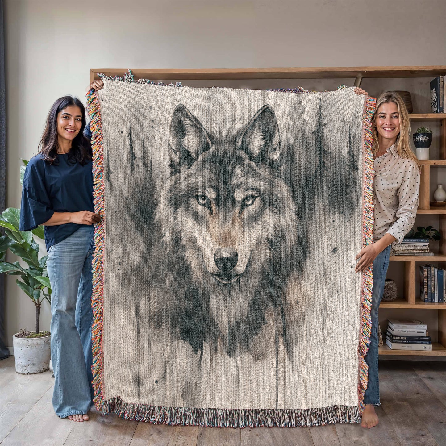 Lone Wolf Woven Blanket – Watercolor Wildlife Throw | Rustic Boho Cabin Decor