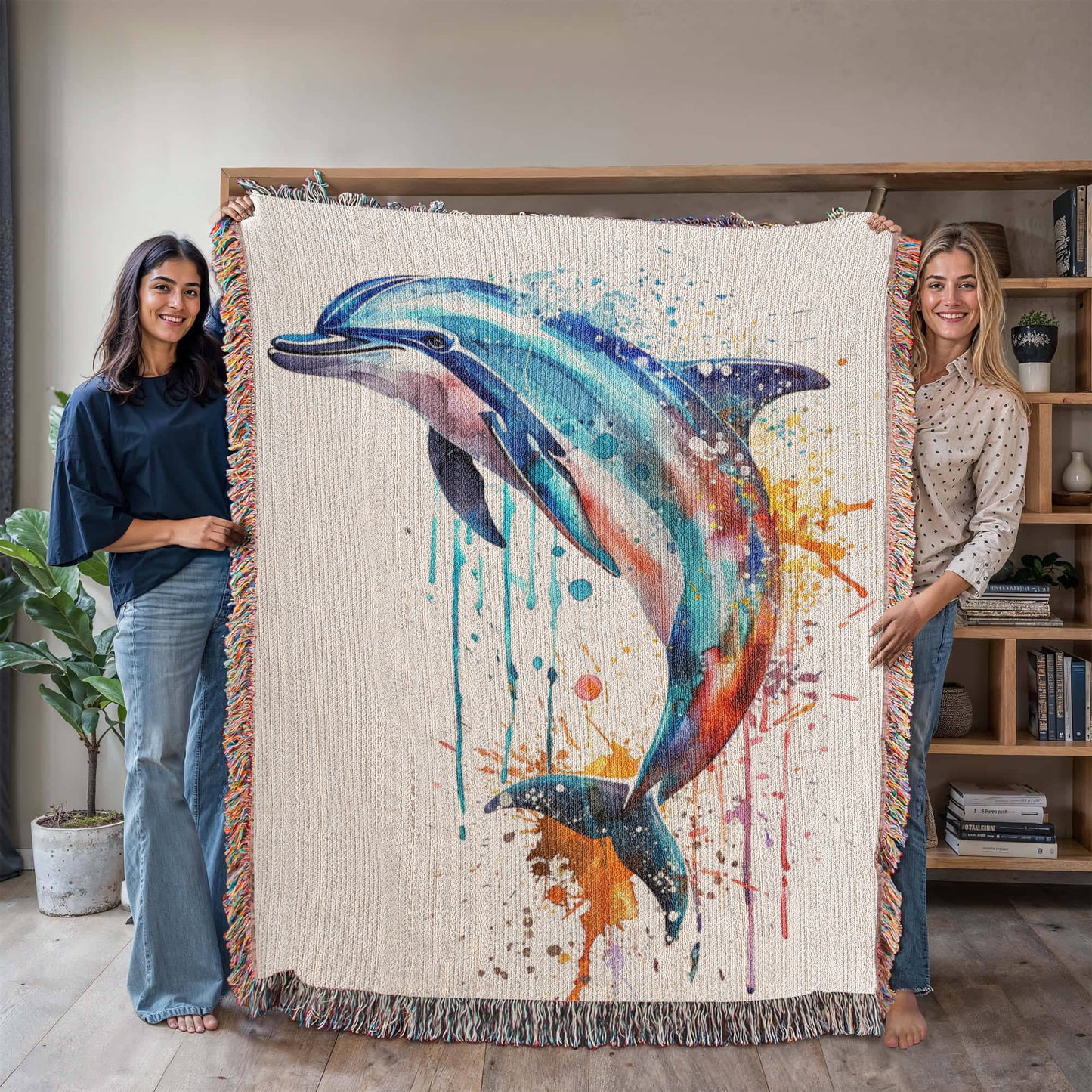 Tidewater Woven Blanket – Watercolor Dolphin in Motion