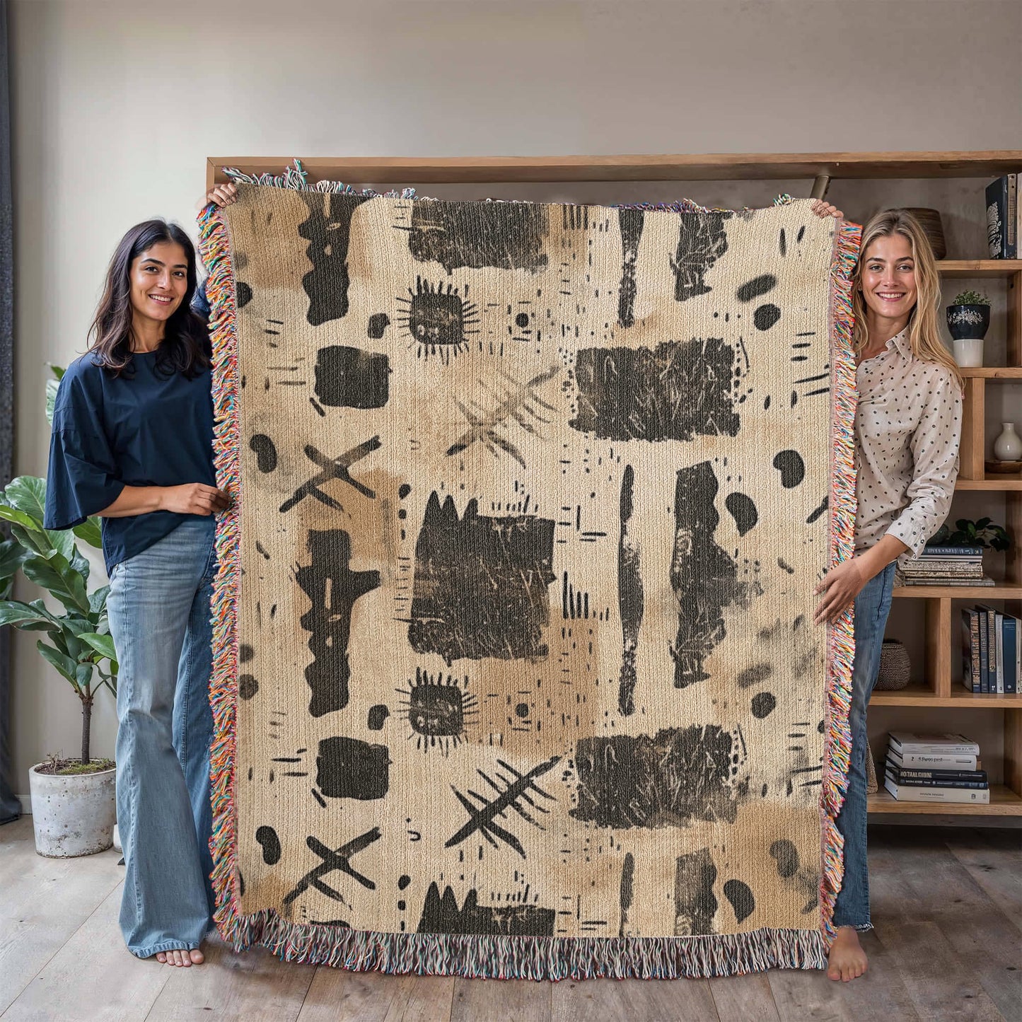 Nomad Script Woven Blanket – Primitive Abstract Boho Throw