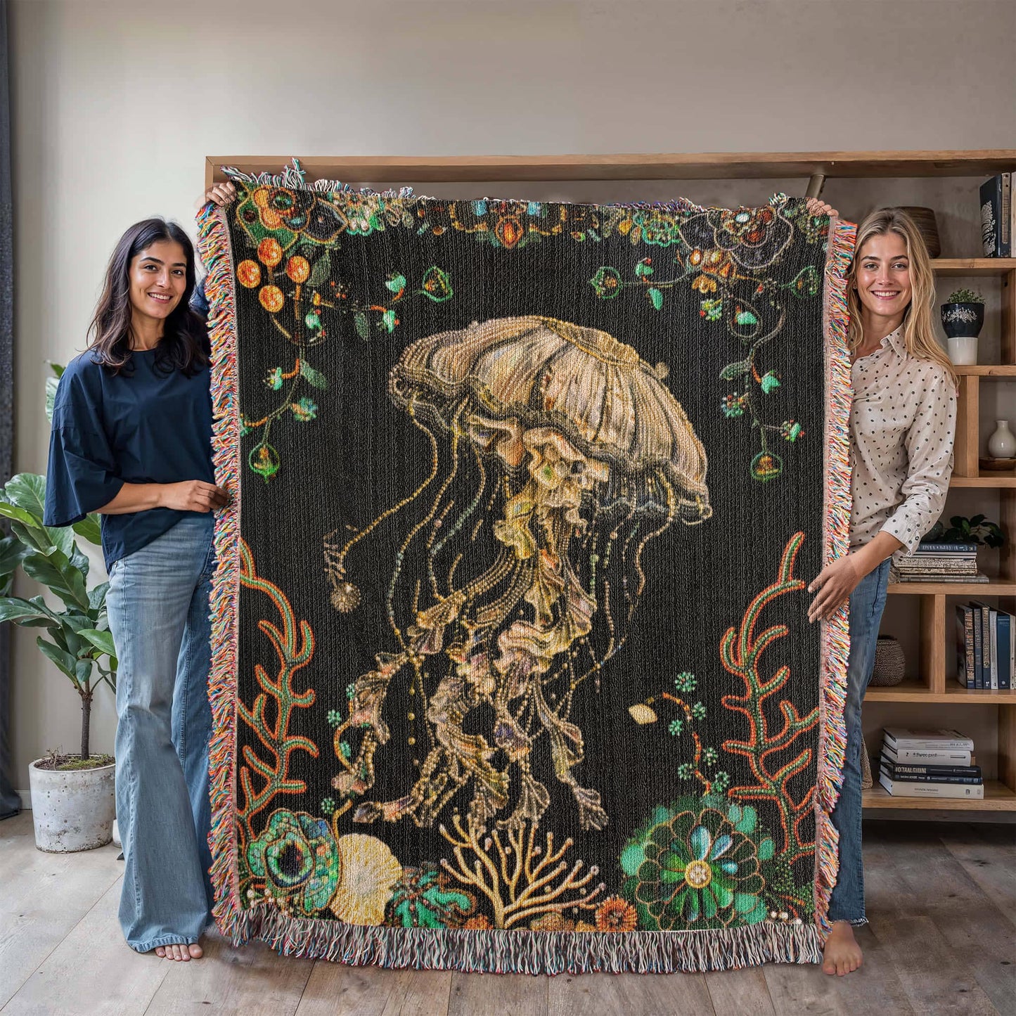 Beaded Look Jellyfish Blanket – Ocean-Inspired Woven Throw | Undersea Boho Decor by Lace & Grit