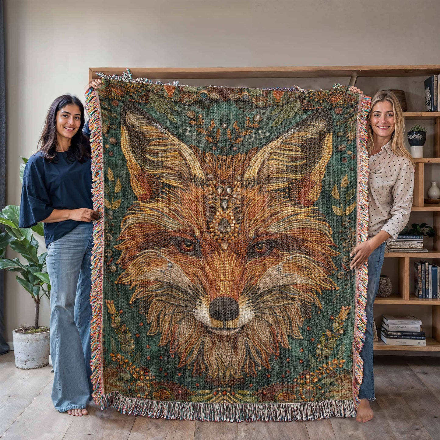 Boho Beaded Fox Blanket – Intricate Woven Art with Forest Green Background | Rustic Animal Decor Throw
