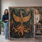 Emberborn Phoenix Blanket – Woven Mystical Firebird Emblem | Fantasy Artifact Decor by Lace & Grit