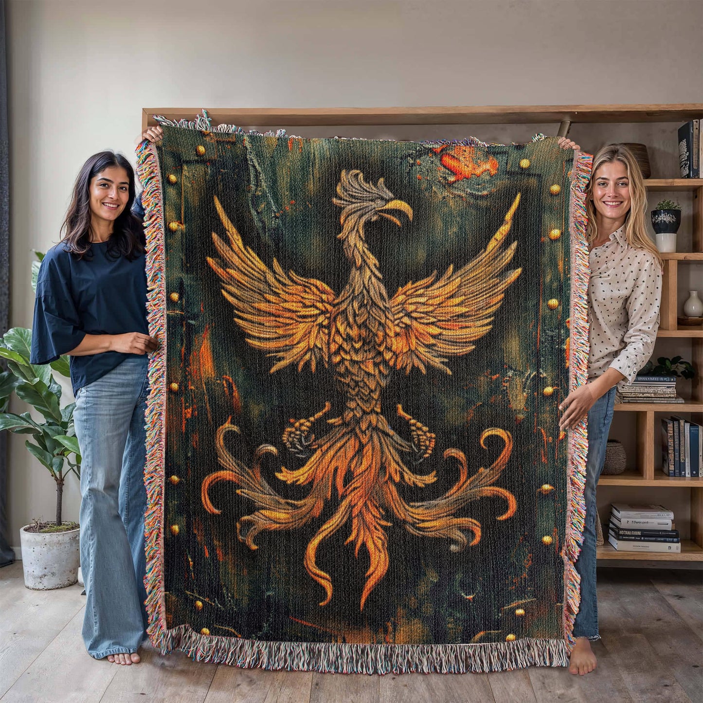 Emberborn Phoenix Blanket – Woven Mystical Firebird Emblem | Fantasy Artifact Decor by Lace & Grit