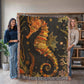 Beaded Look Seahorse Blanket – Woven Ocean-Inspired Throw | Golden Coral Art by Lace & Grit