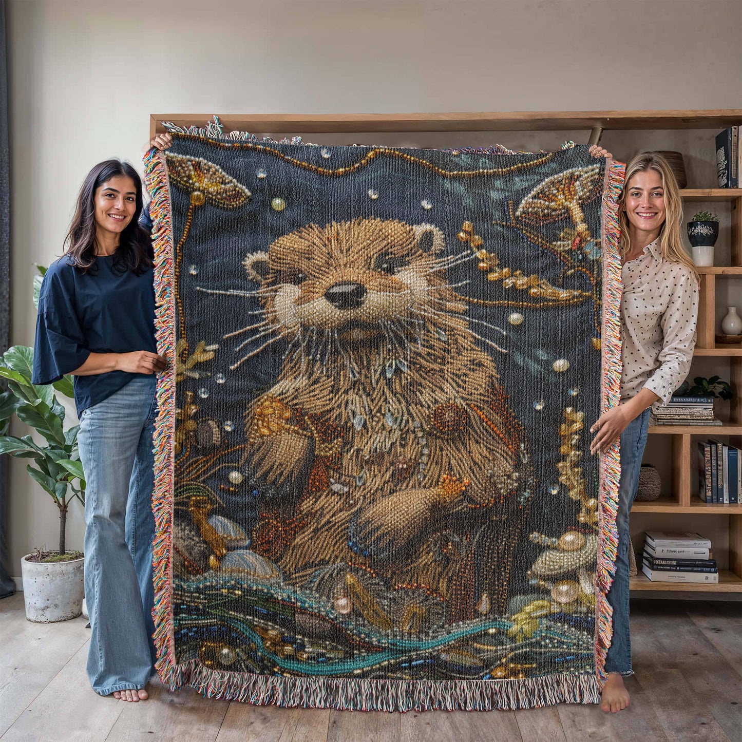 Boho River Otter Blanket – Beaded Look Textile Art in Deep Earth Tones | Boho Nature Lover Gift