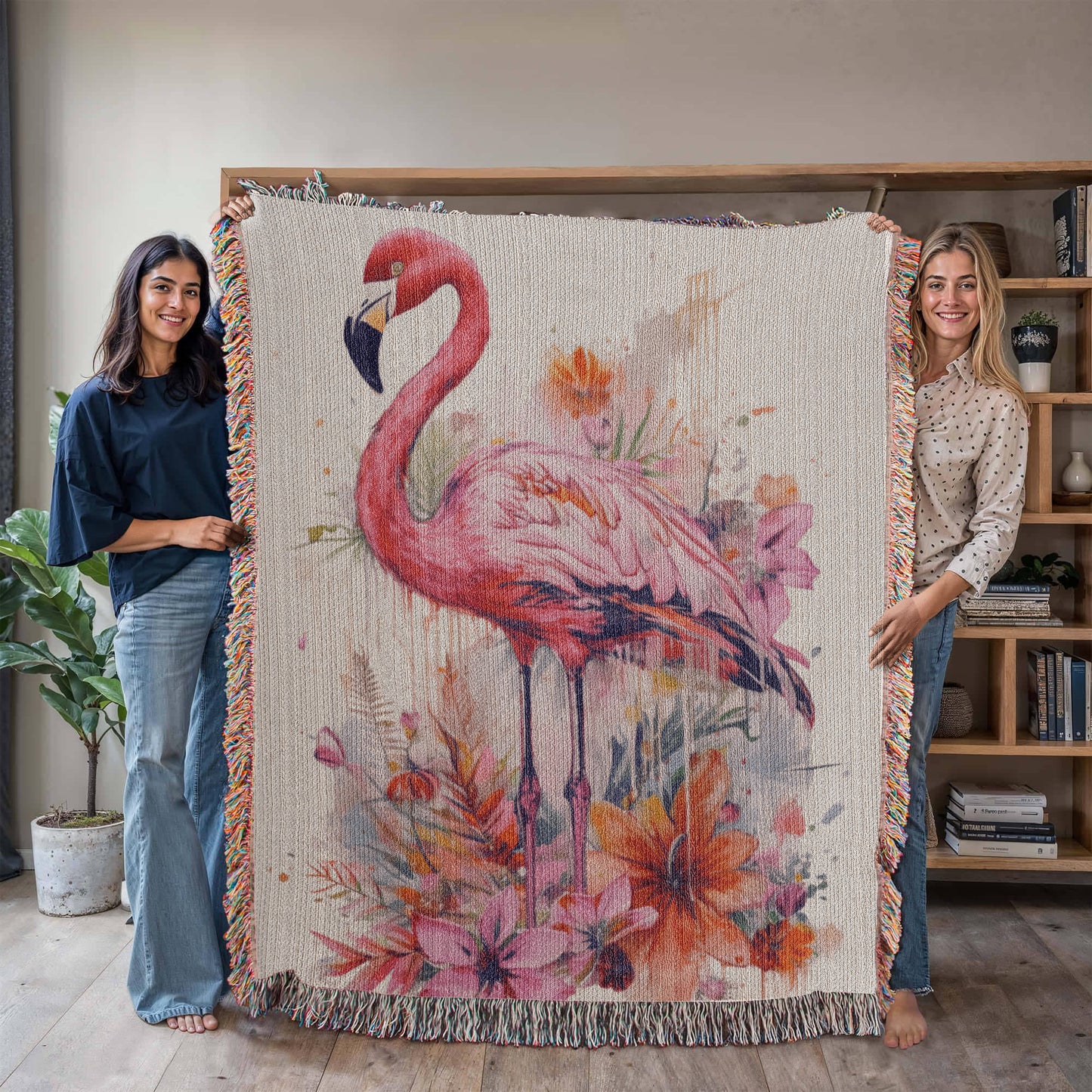 Sunwade Woven Blanket – Watercolor Flamingo in Blush Tones
