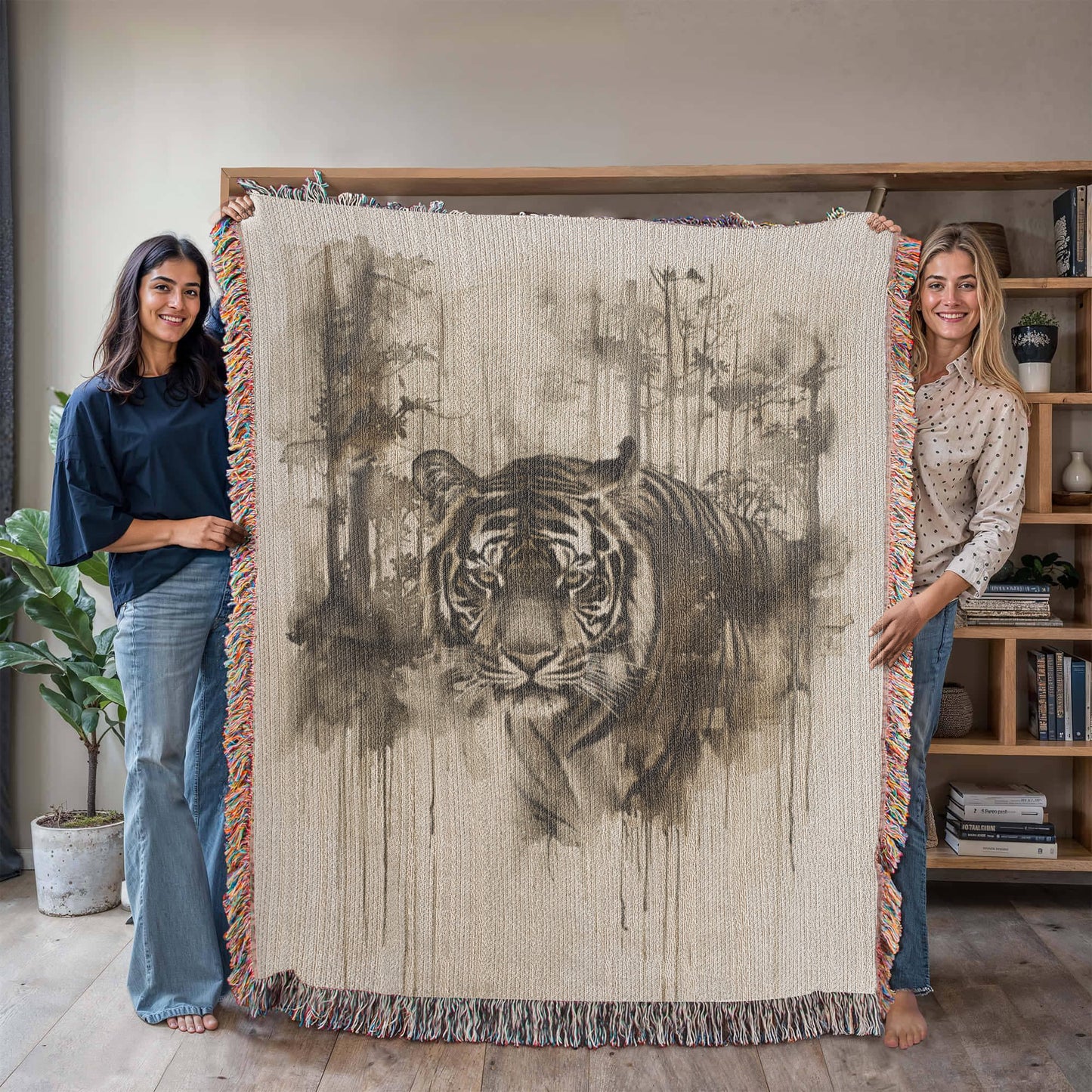 Silent Prowl Woven Blanket – Watercolor Tiger in Mist
