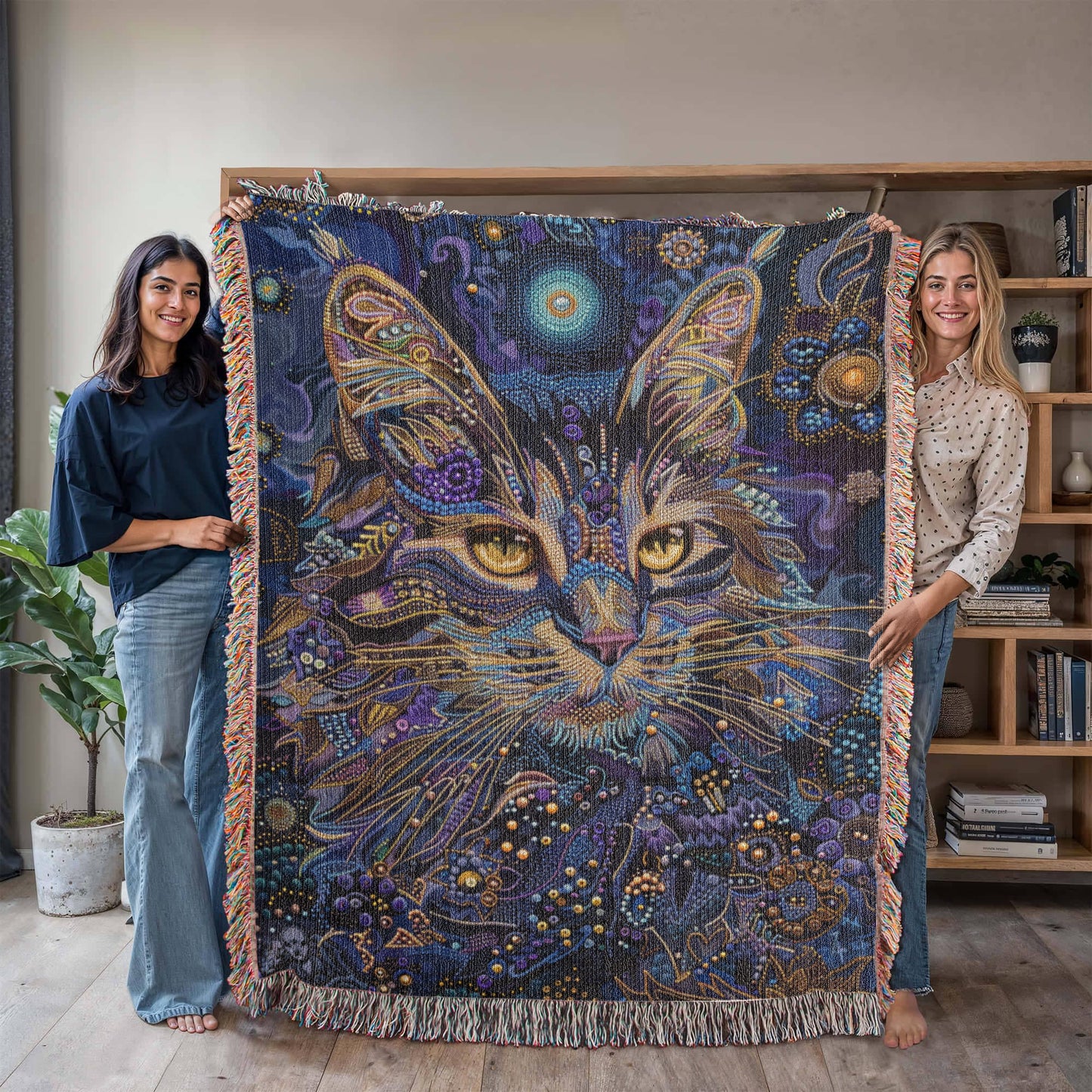 Celestial Cat Blanket – Mystical Beaded Design in Deep Indigo & Gold | Boho Spirit Animal Throw