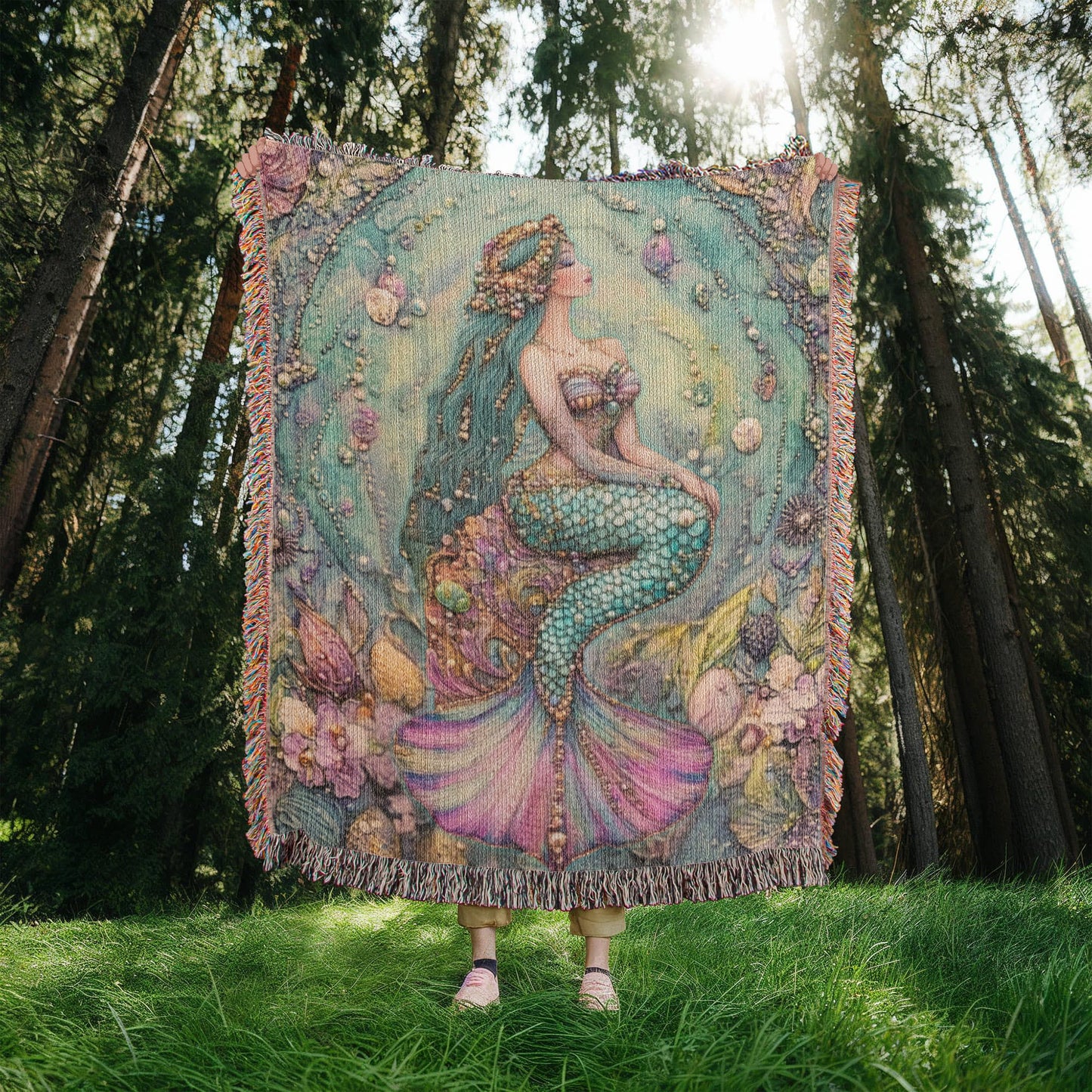 Beaded Look Mermaid Blanket – Woven Ocean-Inspired Throw | Fantasy Mermaid Decor by Lace & Grit