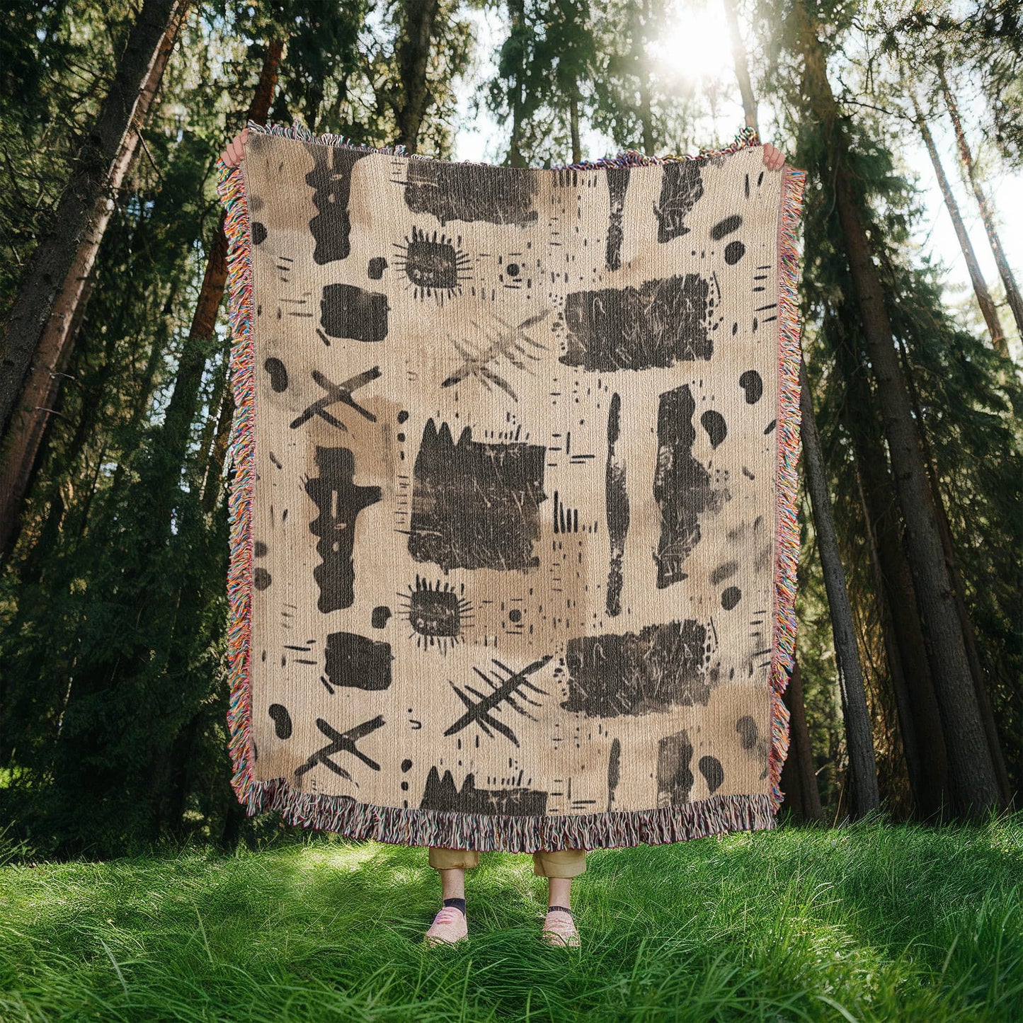 Nomad Script Woven Blanket – Primitive Abstract Boho Throw