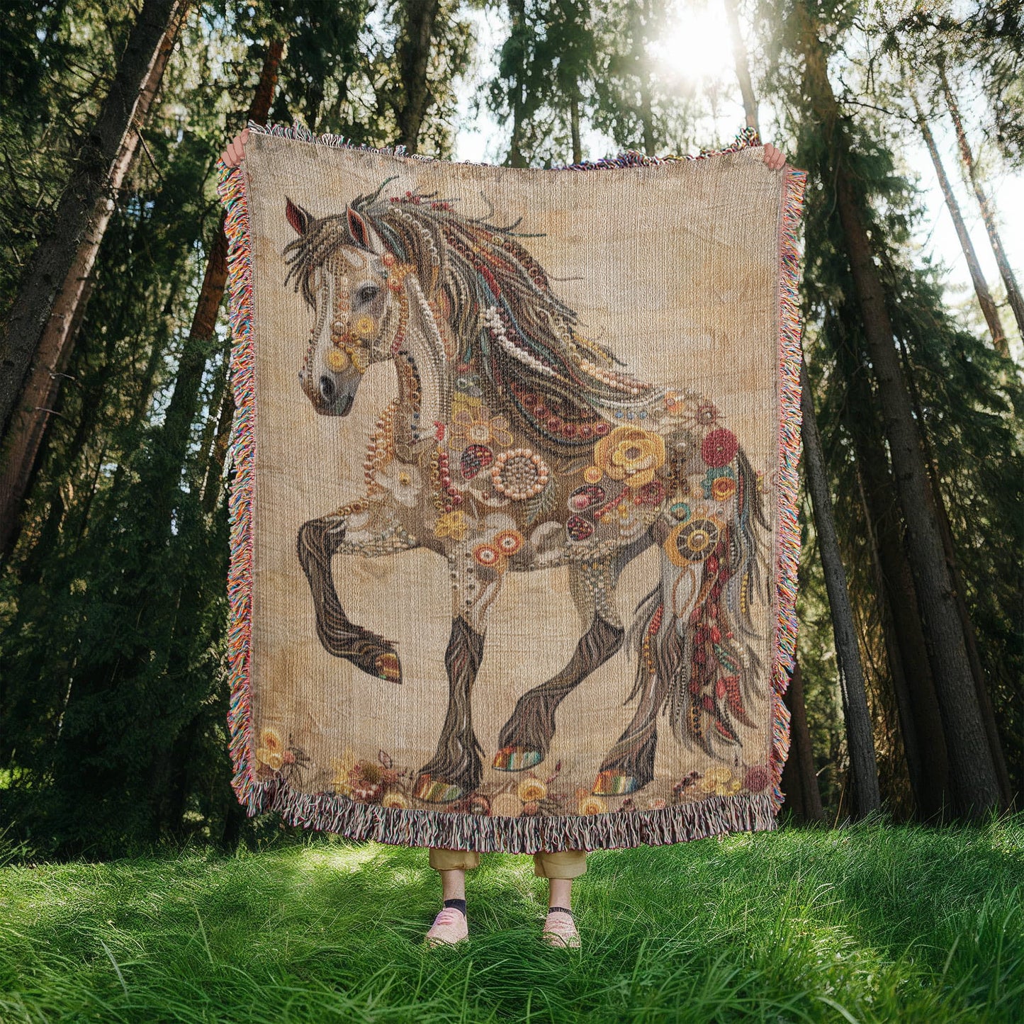 Beaded Spirit Horse Woven Blanket – Boho Western Home Decor