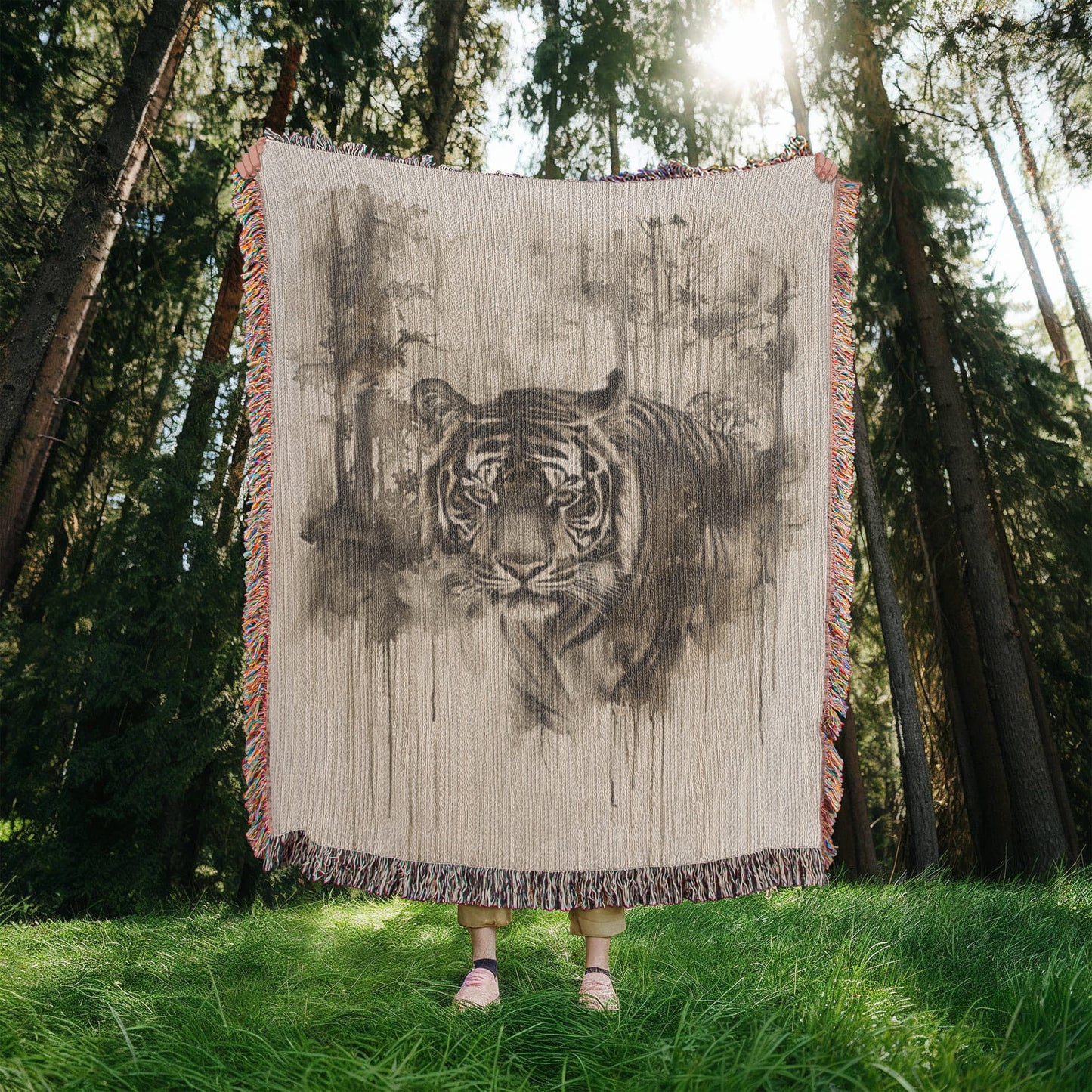 Silent Prowl Woven Blanket – Watercolor Tiger in Mist