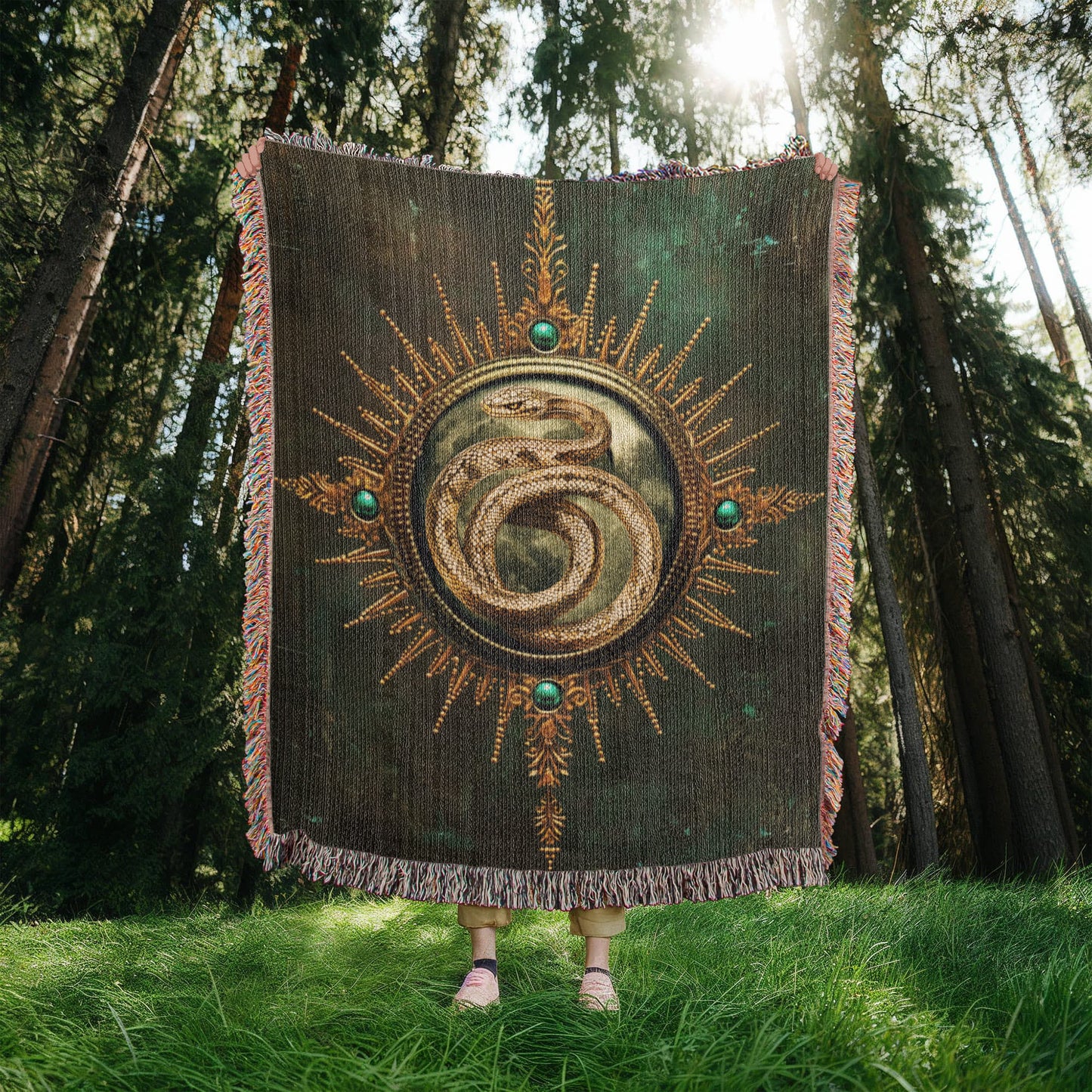 Beaded Look Serpent Seal Blanket – Woven Mystical Snake Emblem Throw | Fantasy Decor by Lace & Grit