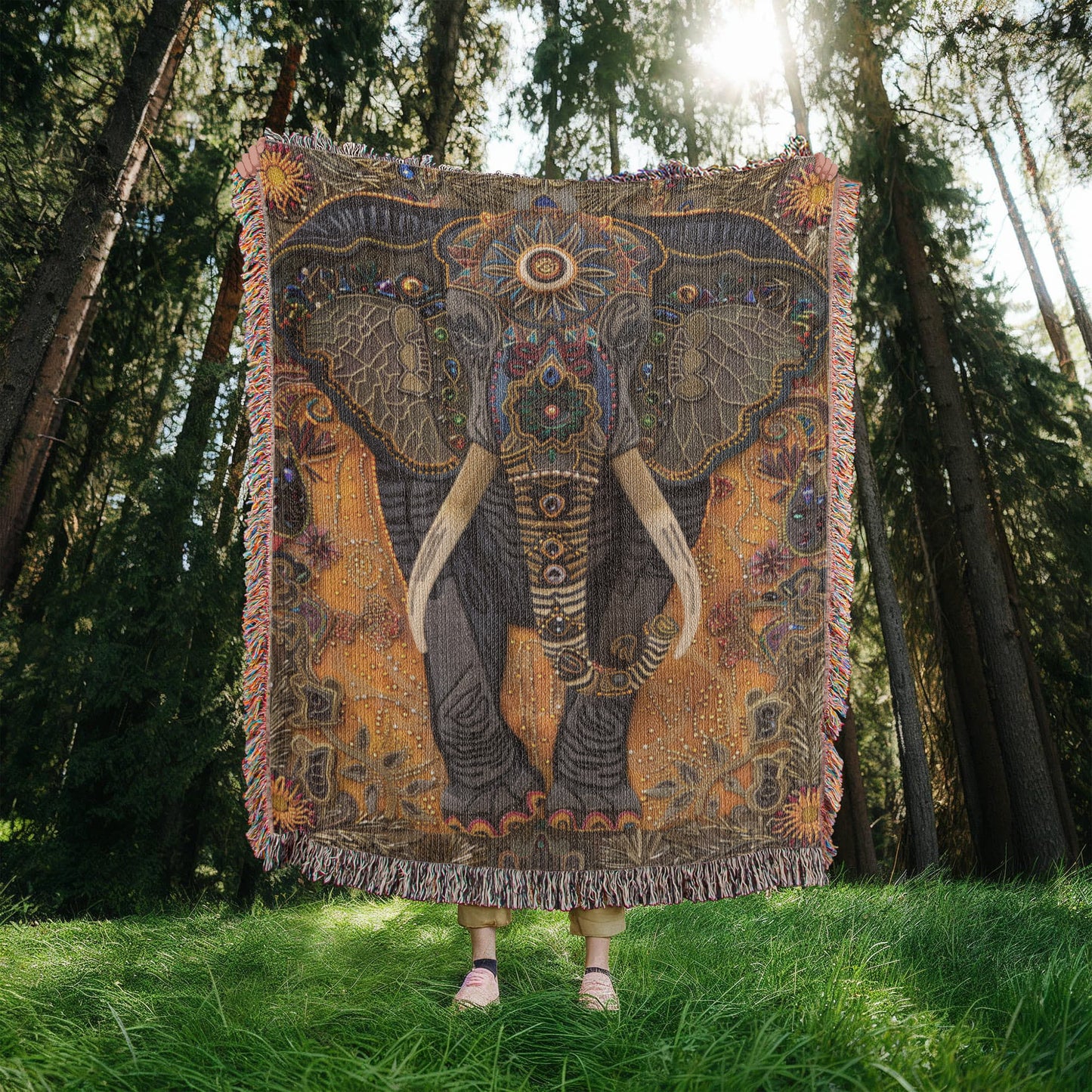 Boho Elephant Woven Blanket – Beaded-Inspired Tapestry with Tribal Floral Accents