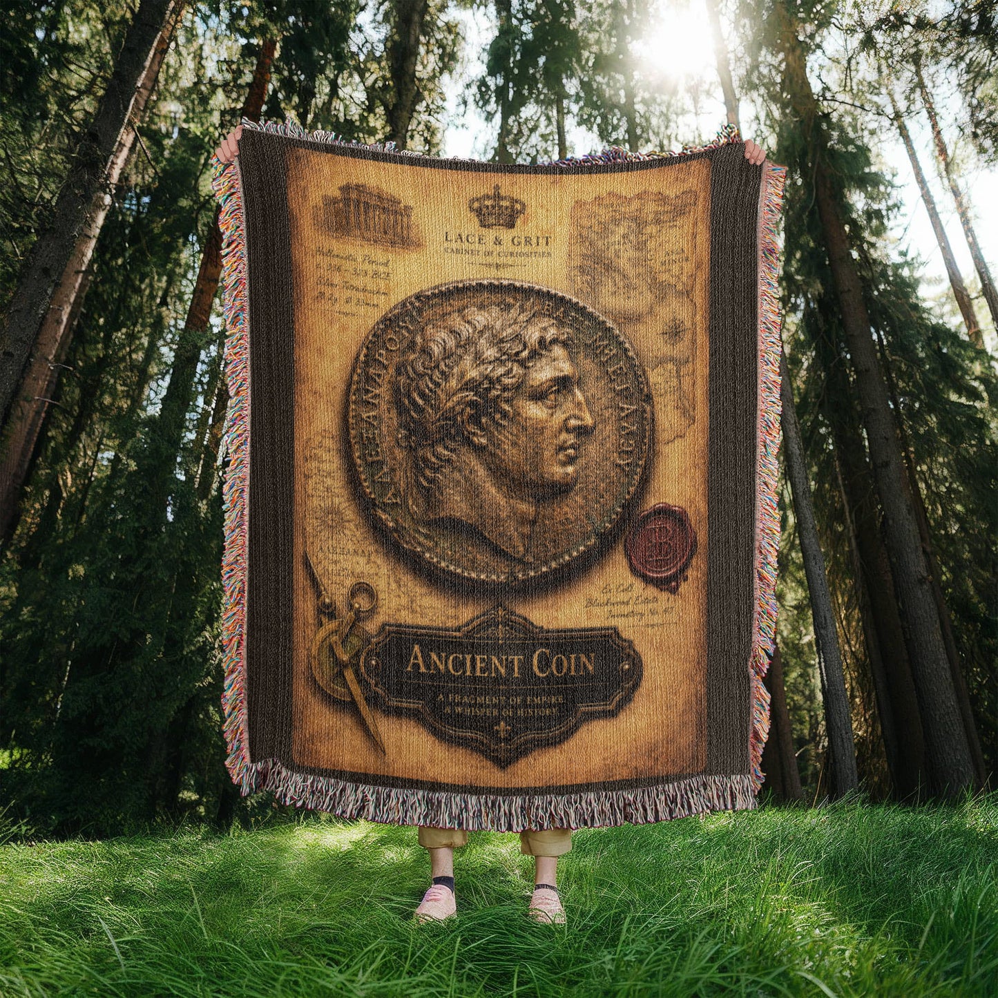 Ancient Coin Woven Throw Blanket | Cabinet of Curiosities Decor | Cotton Tapestry | Archaeology History Gift