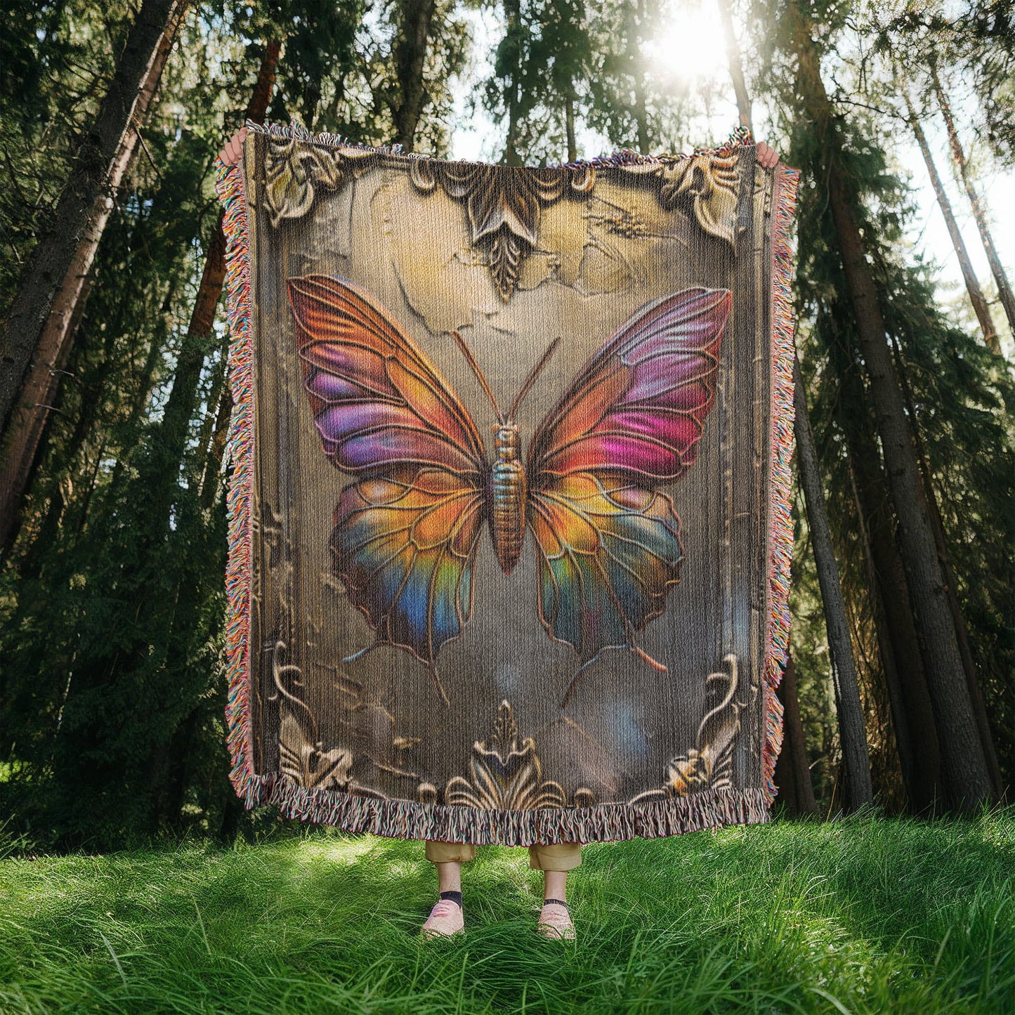 Embossed Butterfly Blanket – Iridescent Woven Throw | Symbolic Boho Decor by Lace & Grit