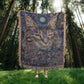 Celestial Cat Blanket – Mystical Beaded Design in Deep Indigo & Gold | Boho Spirit Animal Throw
